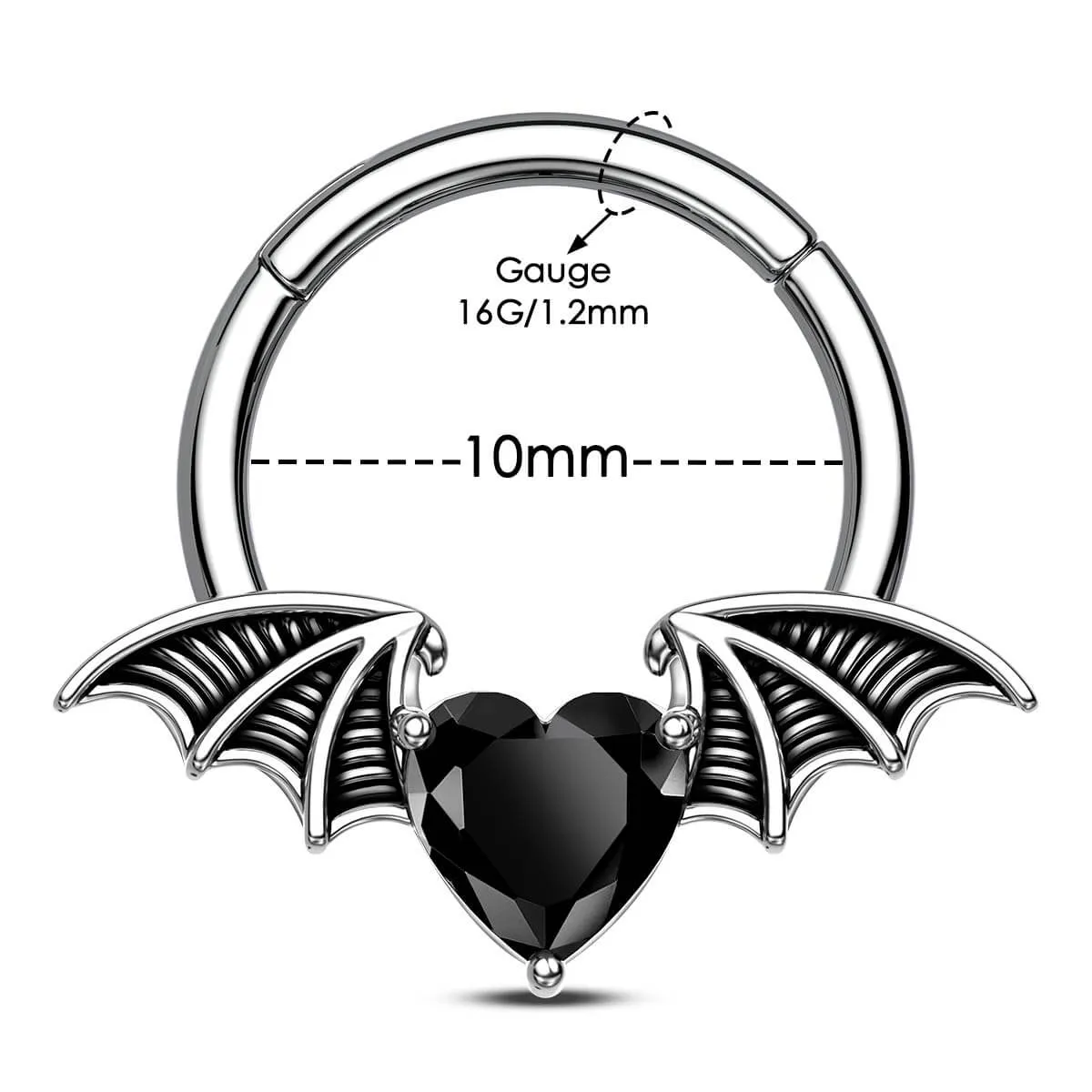 16G Gothic Black CZ Heart Bat Wing Septum Ring