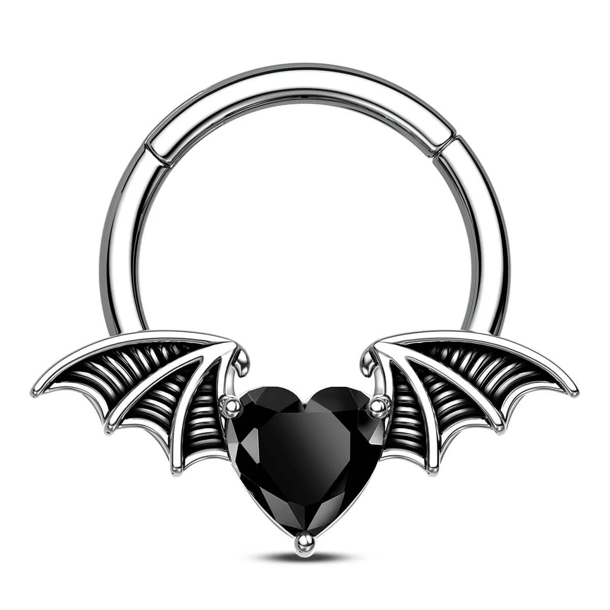 16G Gothic Black CZ Heart Bat Wing Septum Ring