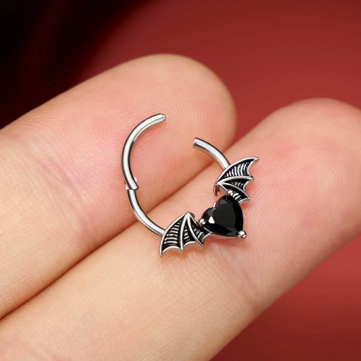 16G Gothic Black CZ Heart Bat Wing Septum Ring