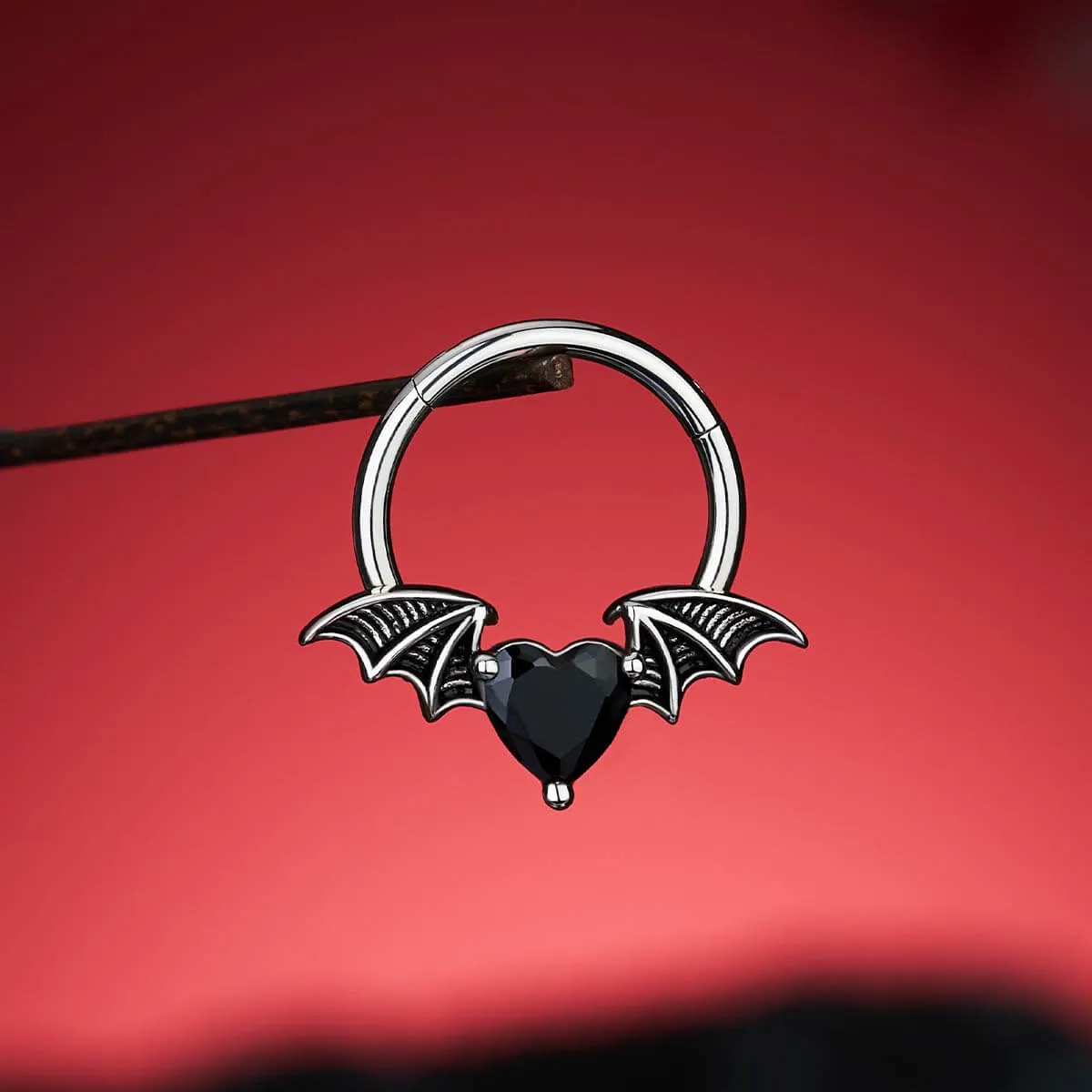 16G Gothic Black CZ Heart Bat Wing Septum Ring