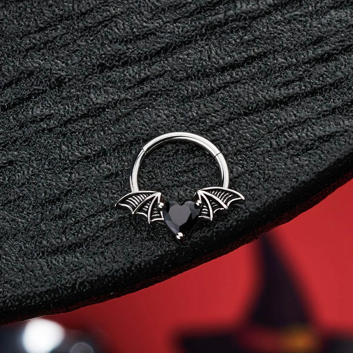 16G Gothic Black CZ Heart Bat Wing Septum Ring