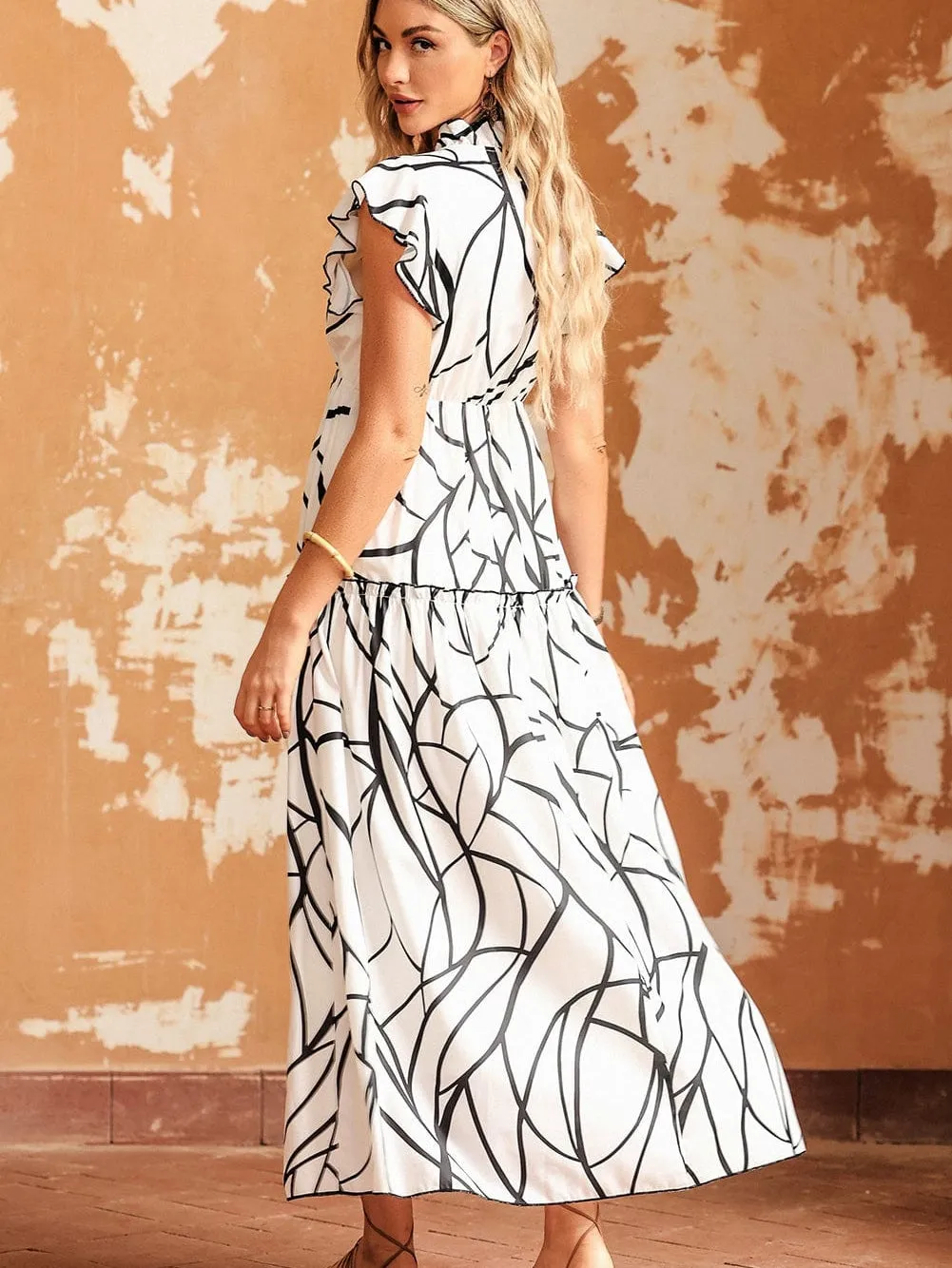 Abstract Vein Print V Neck Ruffle Maxi Dress in White