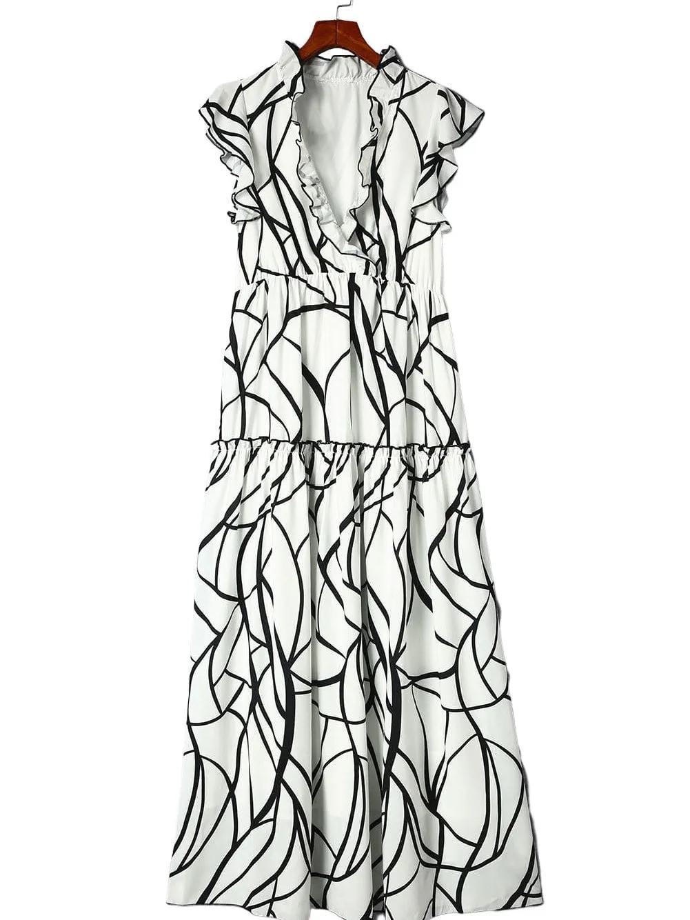 Abstract Vein Print V Neck Ruffle Maxi Dress in White