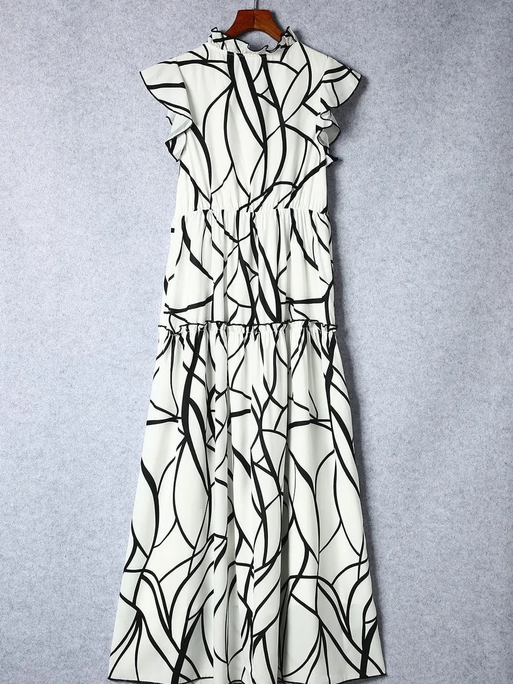 Abstract Vein Print V Neck Ruffle Maxi Dress in White