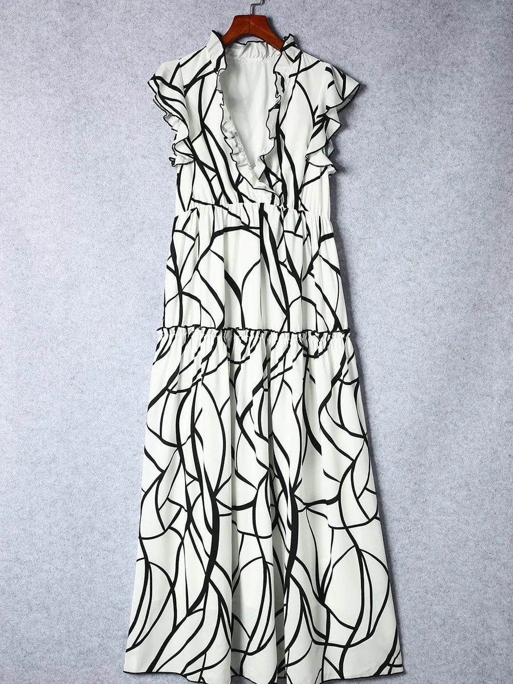 Abstract Vein Print V Neck Ruffle Maxi Dress in White