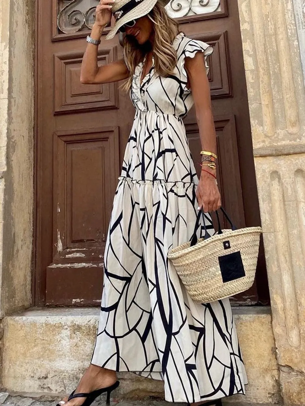 Abstract Vein Print V Neck Ruffle Maxi Dress in White