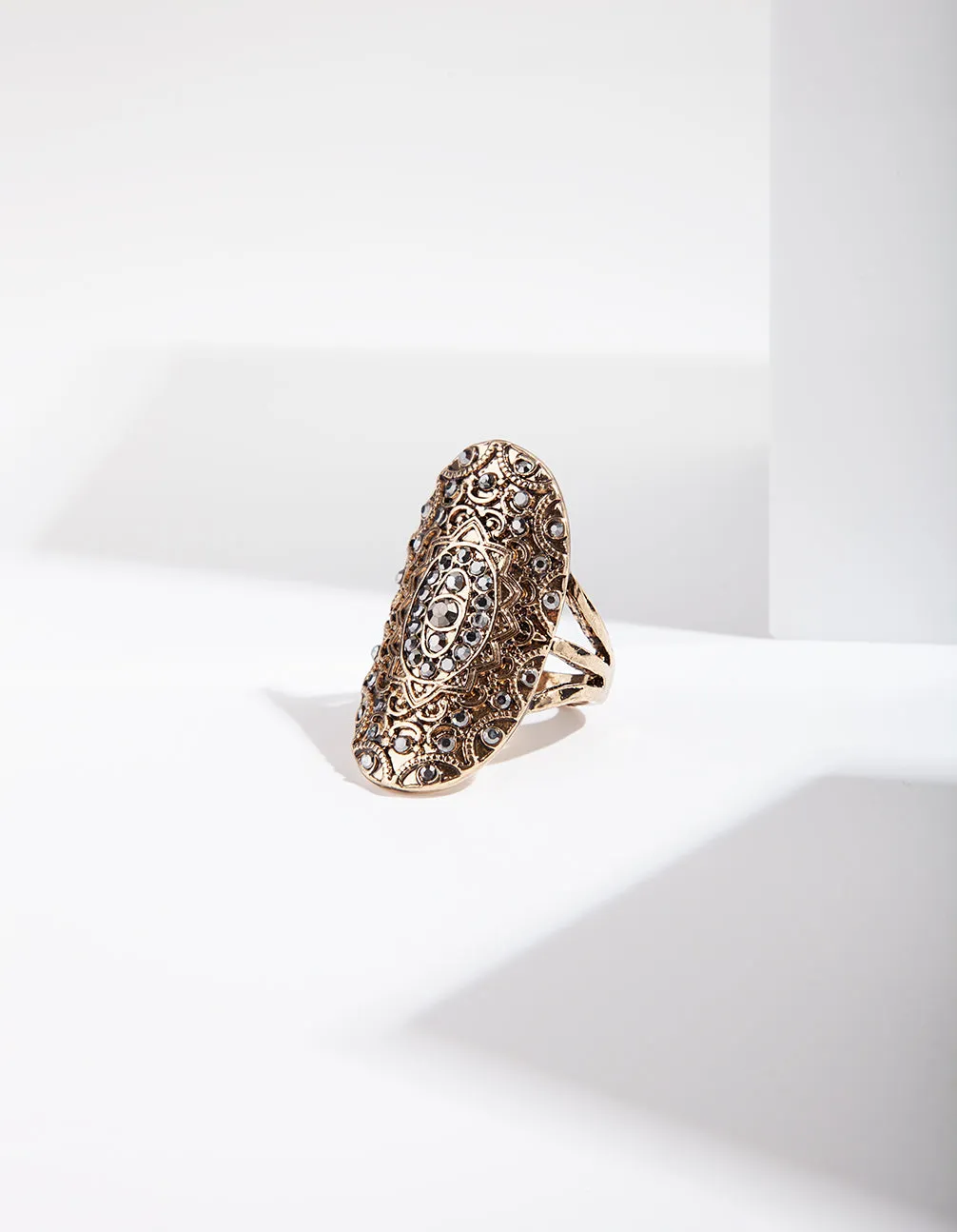 Antique Gold Diamante Plate Ring