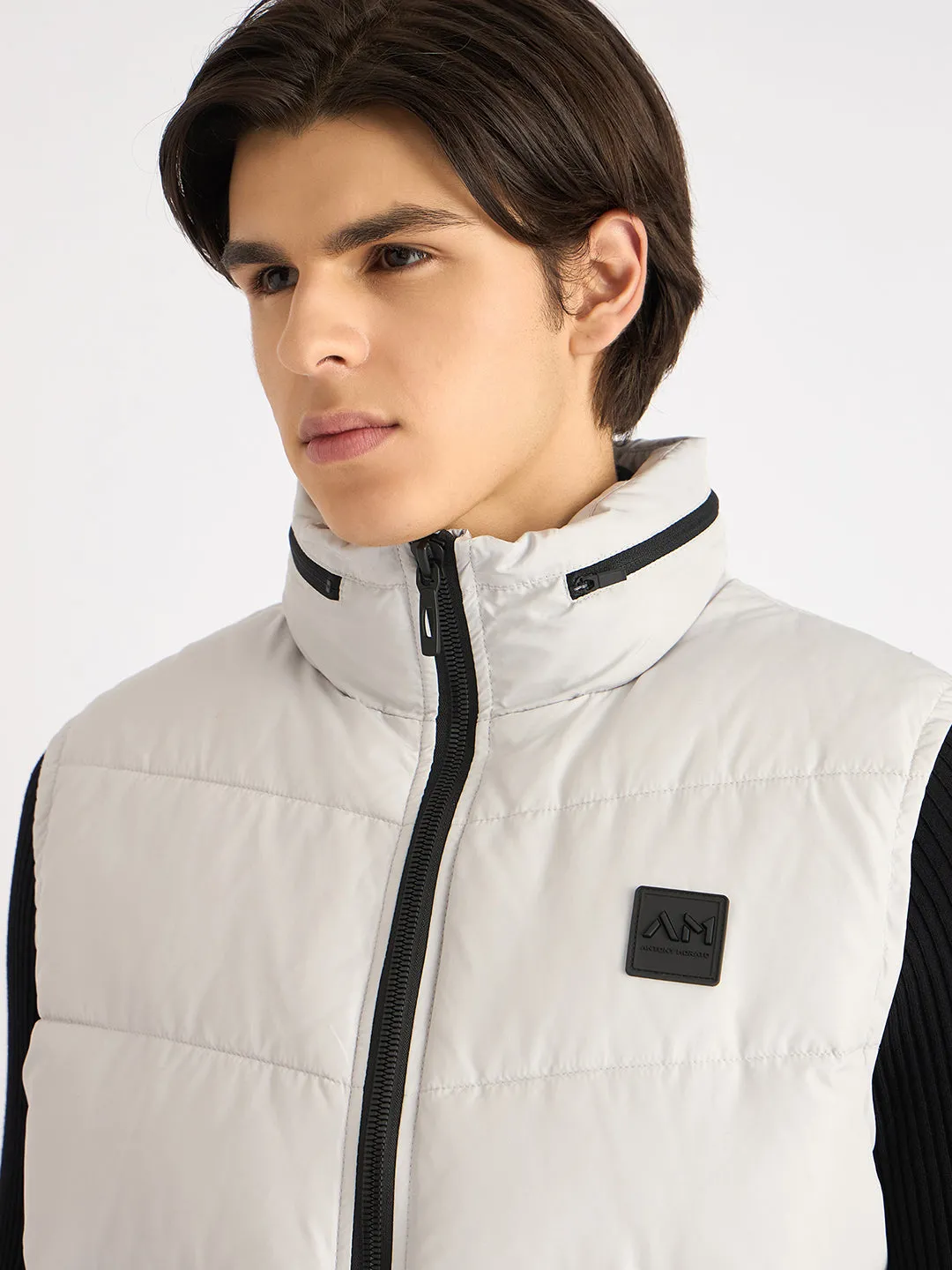 Antony Morato Men White Solid Stand Collar Sleeveless Puffer Jacket