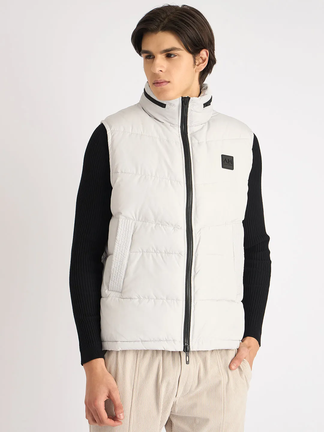 Antony Morato Men White Solid Stand Collar Sleeveless Puffer Jacket