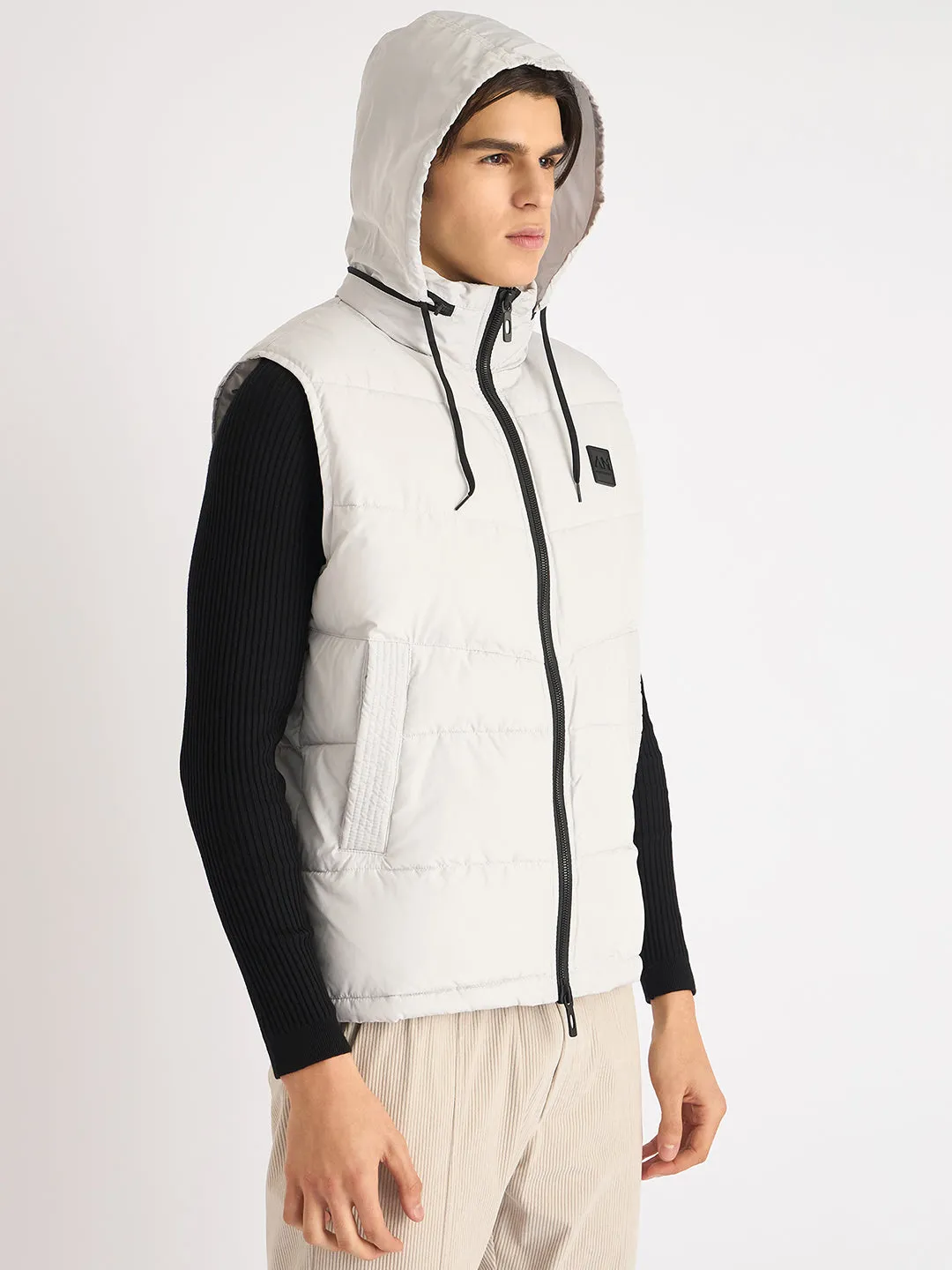 Antony Morato Men White Solid Stand Collar Sleeveless Puffer Jacket