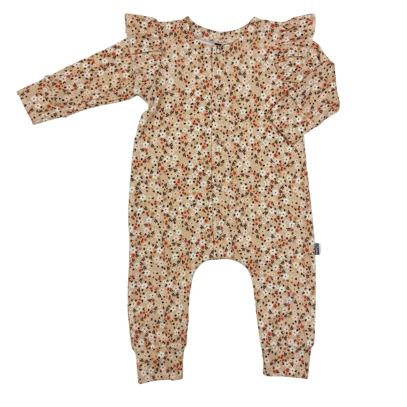 Baby Jumpsuit Rib Mini Bloemen Beige met Ruffles