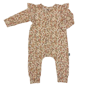 Baby Jumpsuit Rib Mini Bloemen Beige met Ruffles