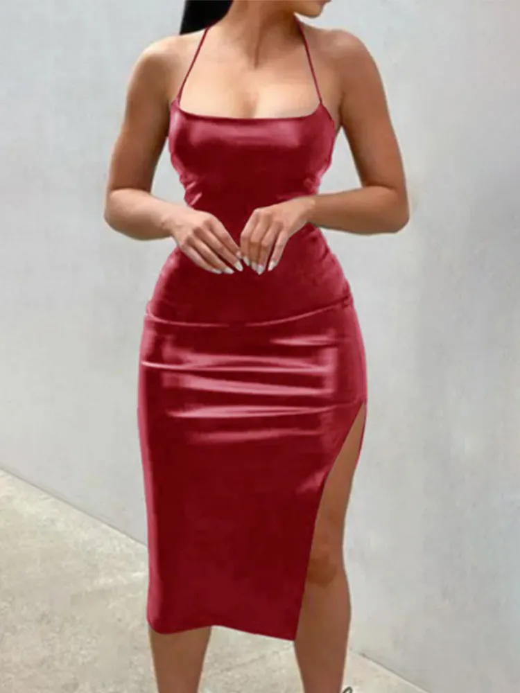 Backless Strap Leather Slit Dress