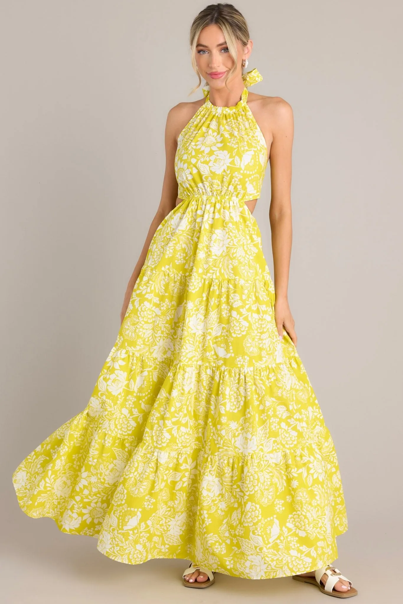 Be Blissfully Happy Yellow Floral Halter Maxi Dress