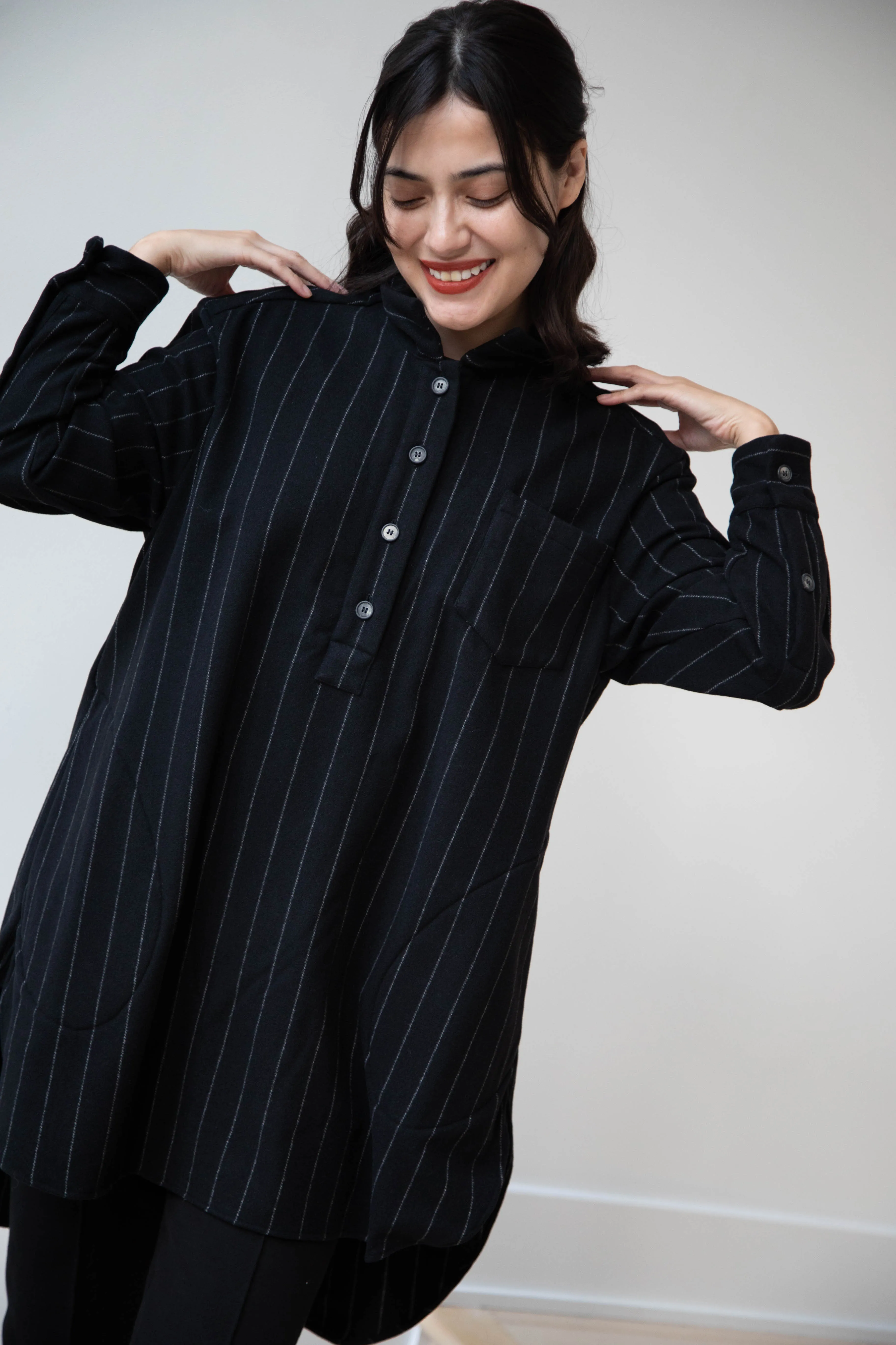 Bergfabel | Tania Shirt in Black Pin Stripe Cashmere