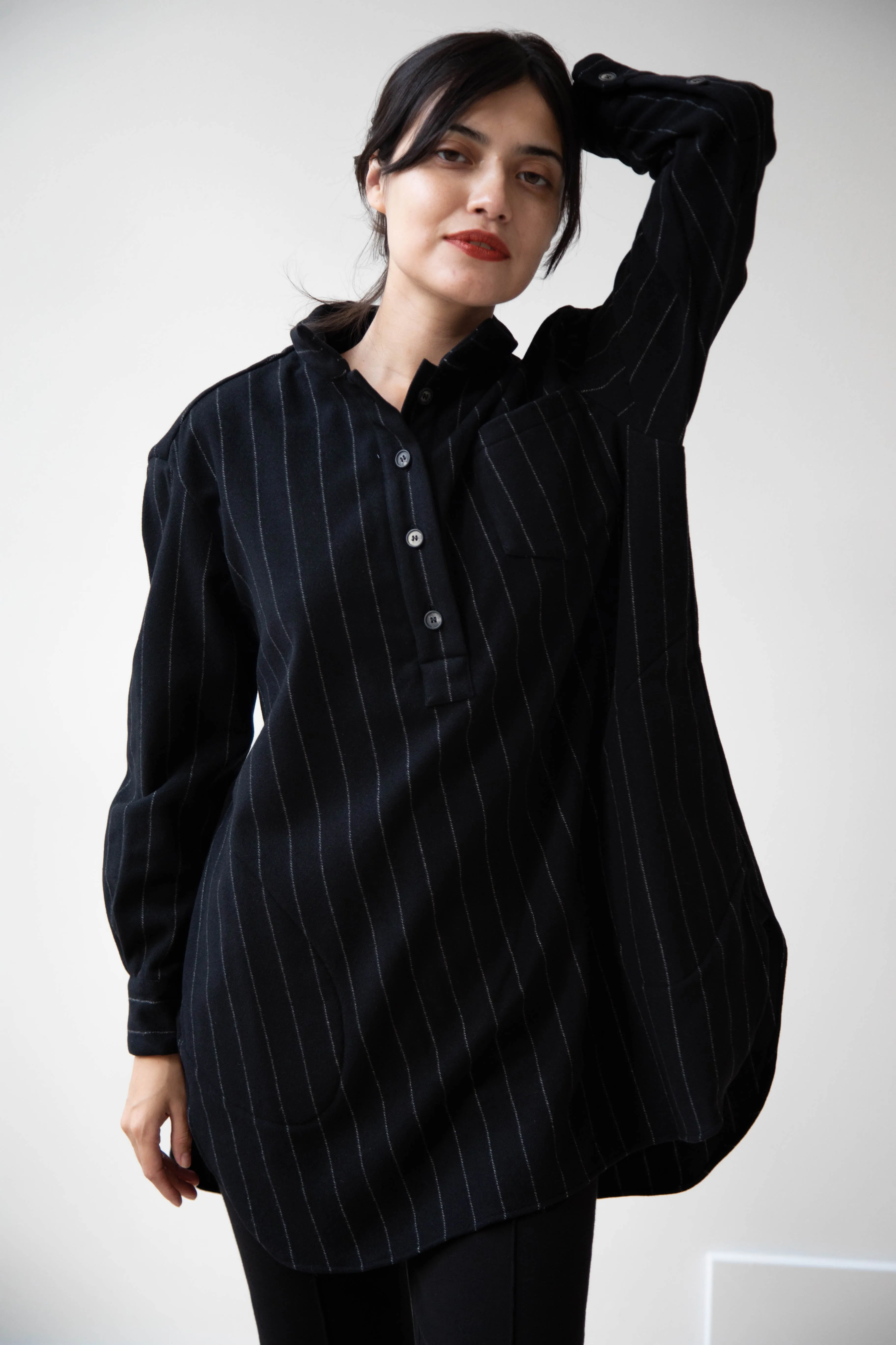 Bergfabel | Tania Shirt in Black Pin Stripe Cashmere