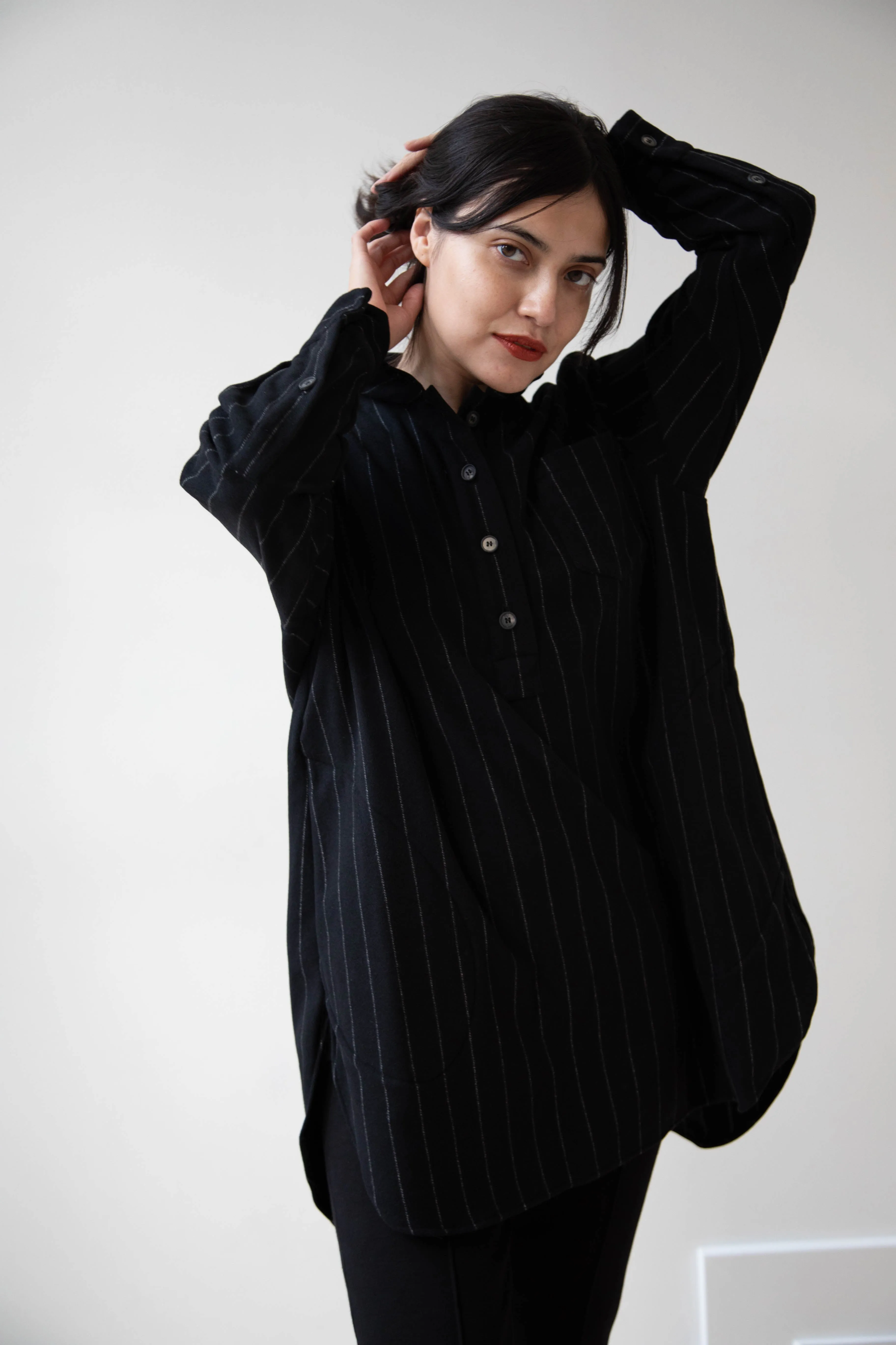 Bergfabel | Tania Shirt in Black Pin Stripe Cashmere