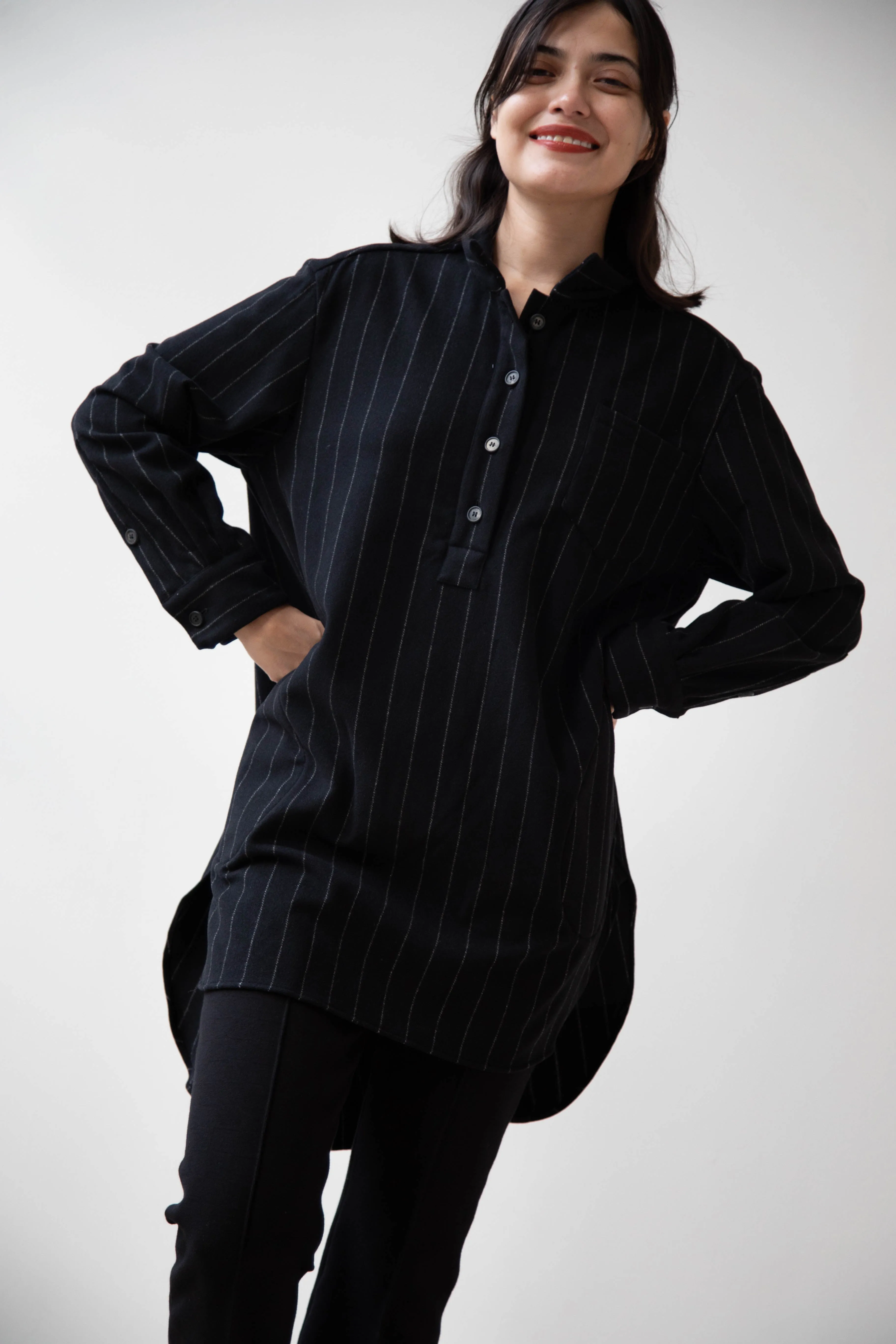 Bergfabel | Tania Shirt in Black Pin Stripe Cashmere