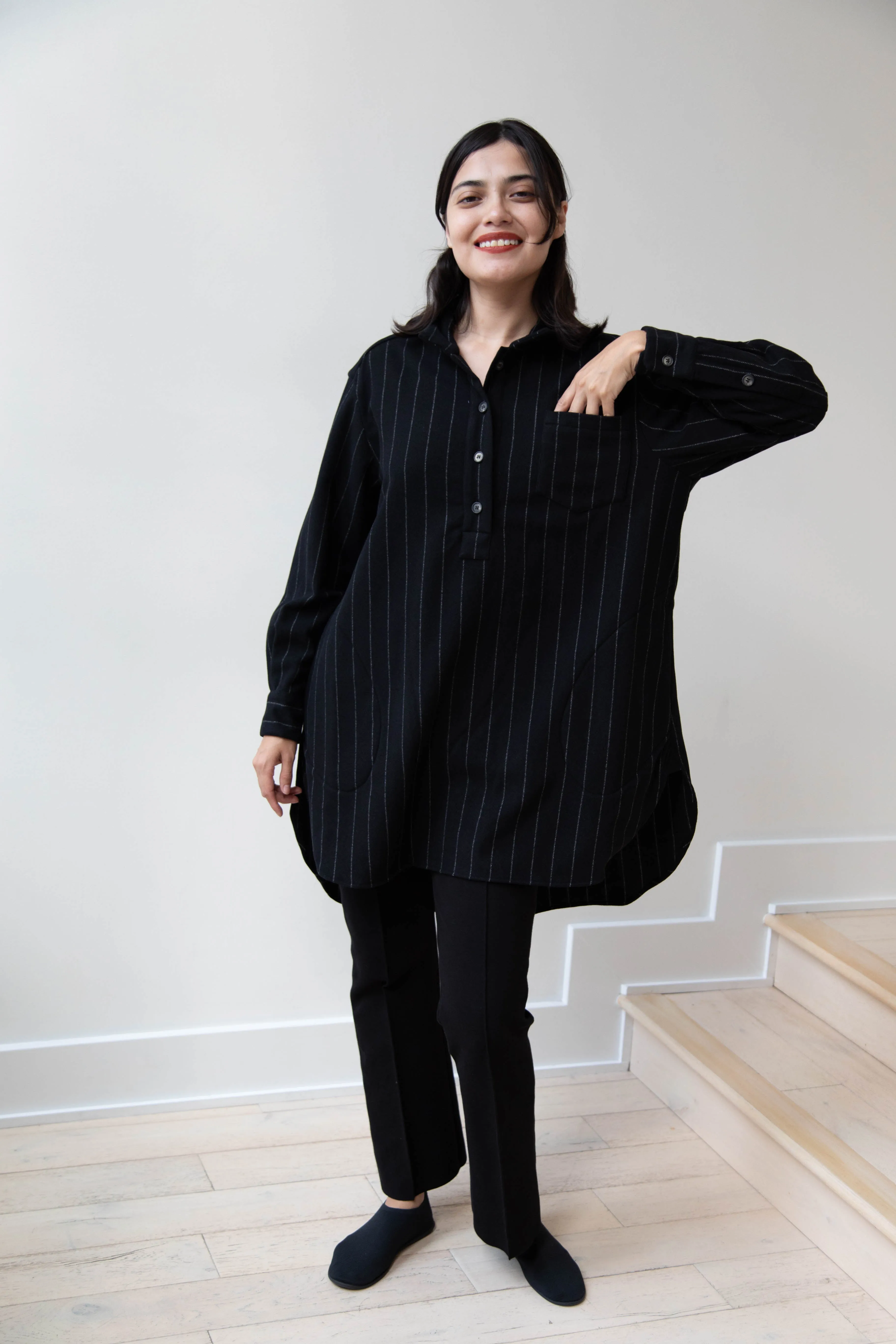 Bergfabel | Tania Shirt in Black Pin Stripe Cashmere