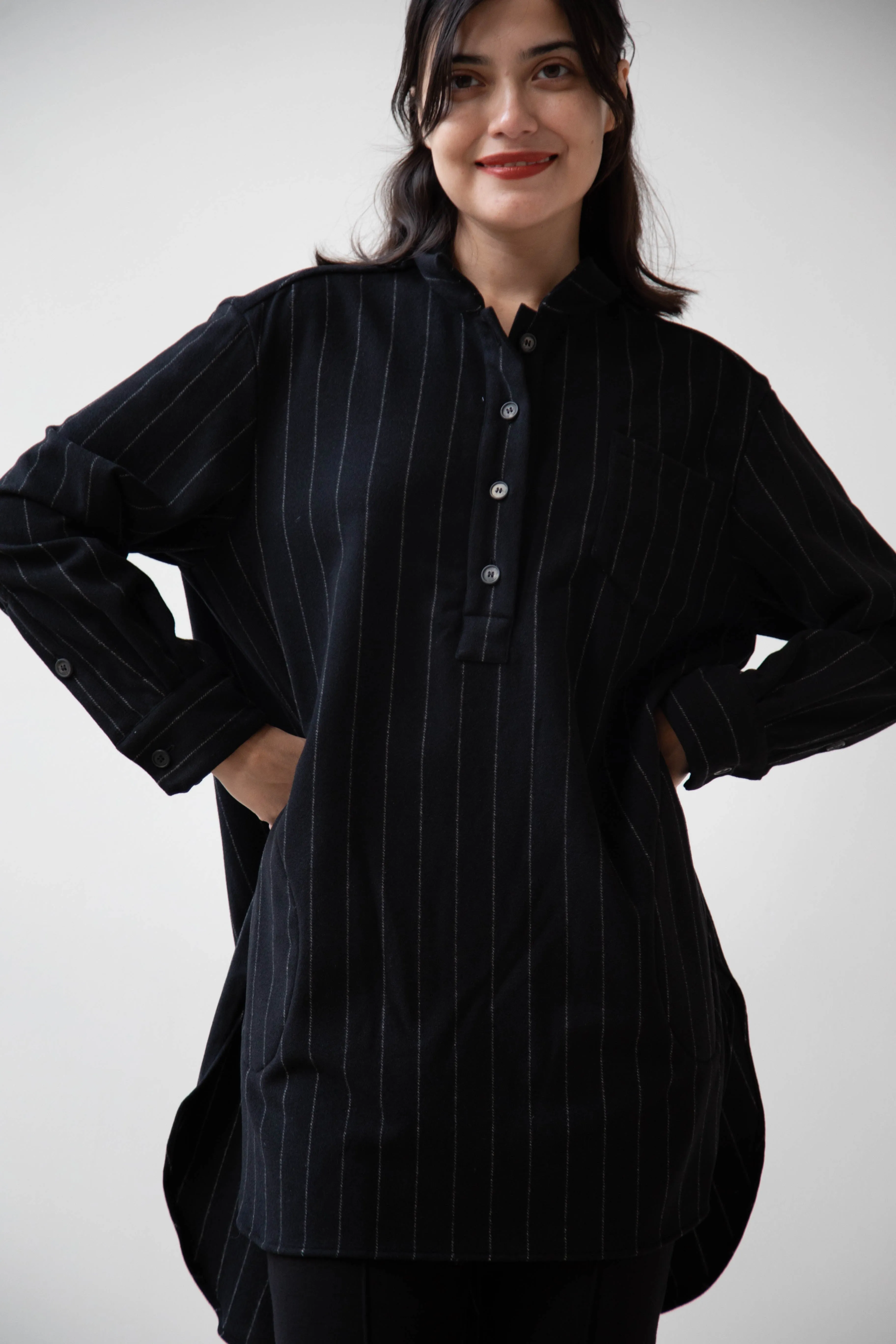 Bergfabel | Tania Shirt in Black Pin Stripe Cashmere