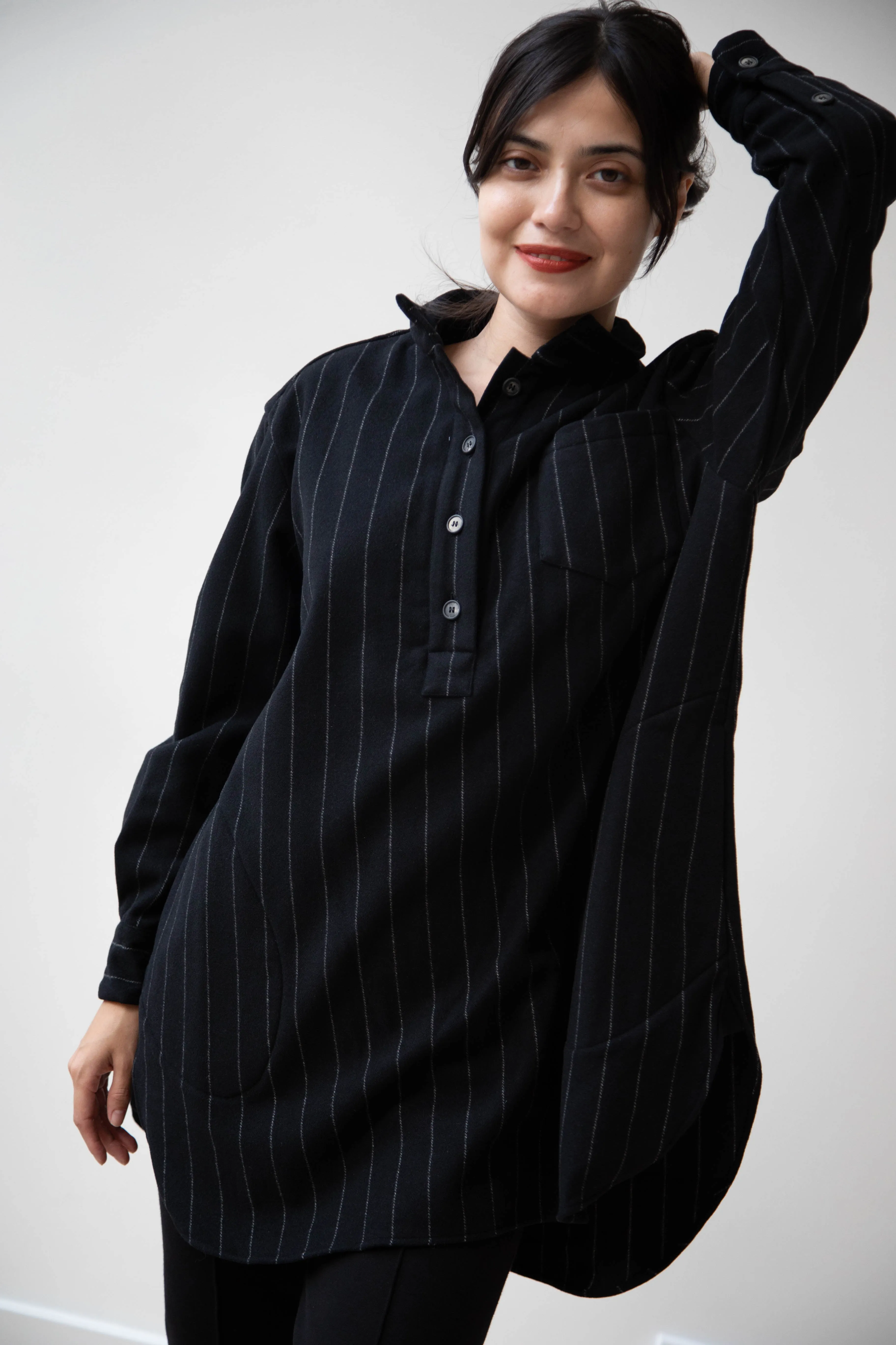 Bergfabel | Tania Shirt in Black Pin Stripe Cashmere