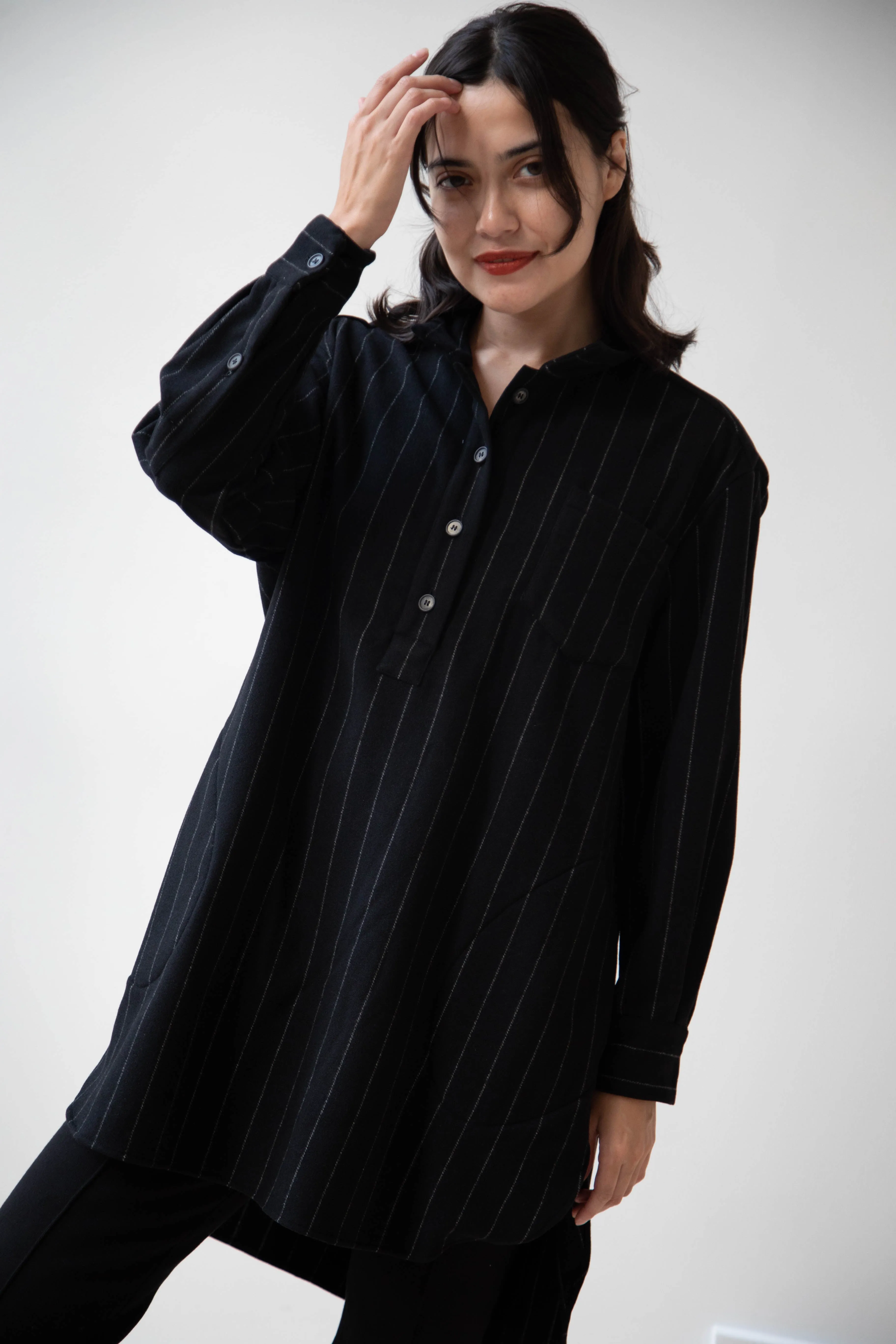 Bergfabel | Tania Shirt in Black Pin Stripe Cashmere