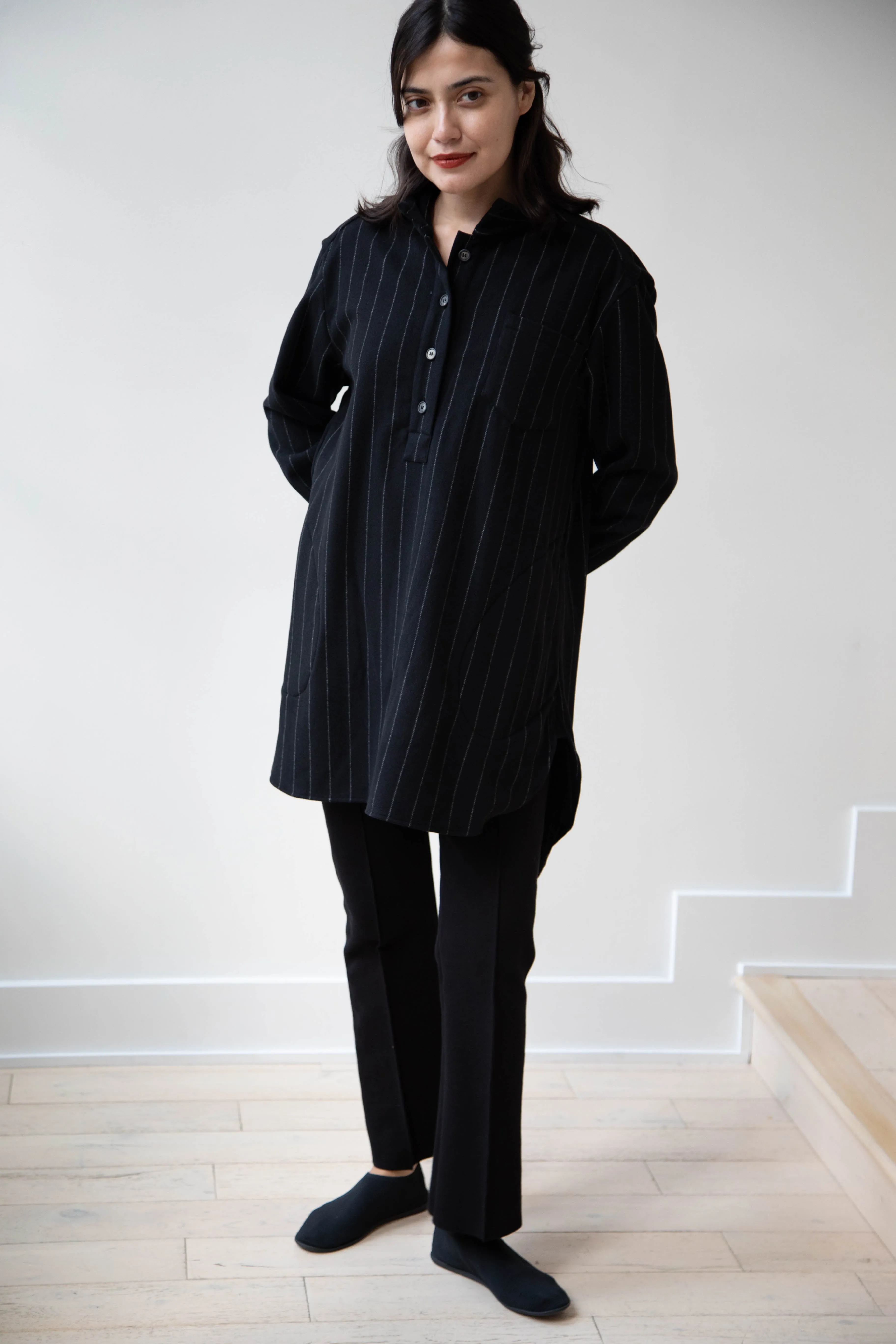 Bergfabel | Tania Shirt in Black Pin Stripe Cashmere