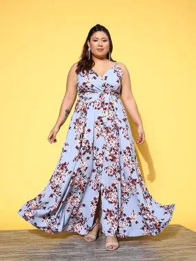 Berrylush Women Plus Size Blue & Maroon Floral Printed V-Neck Sleeveless Crepe Thigh-High Slit Fit & Flare Maxi Dress