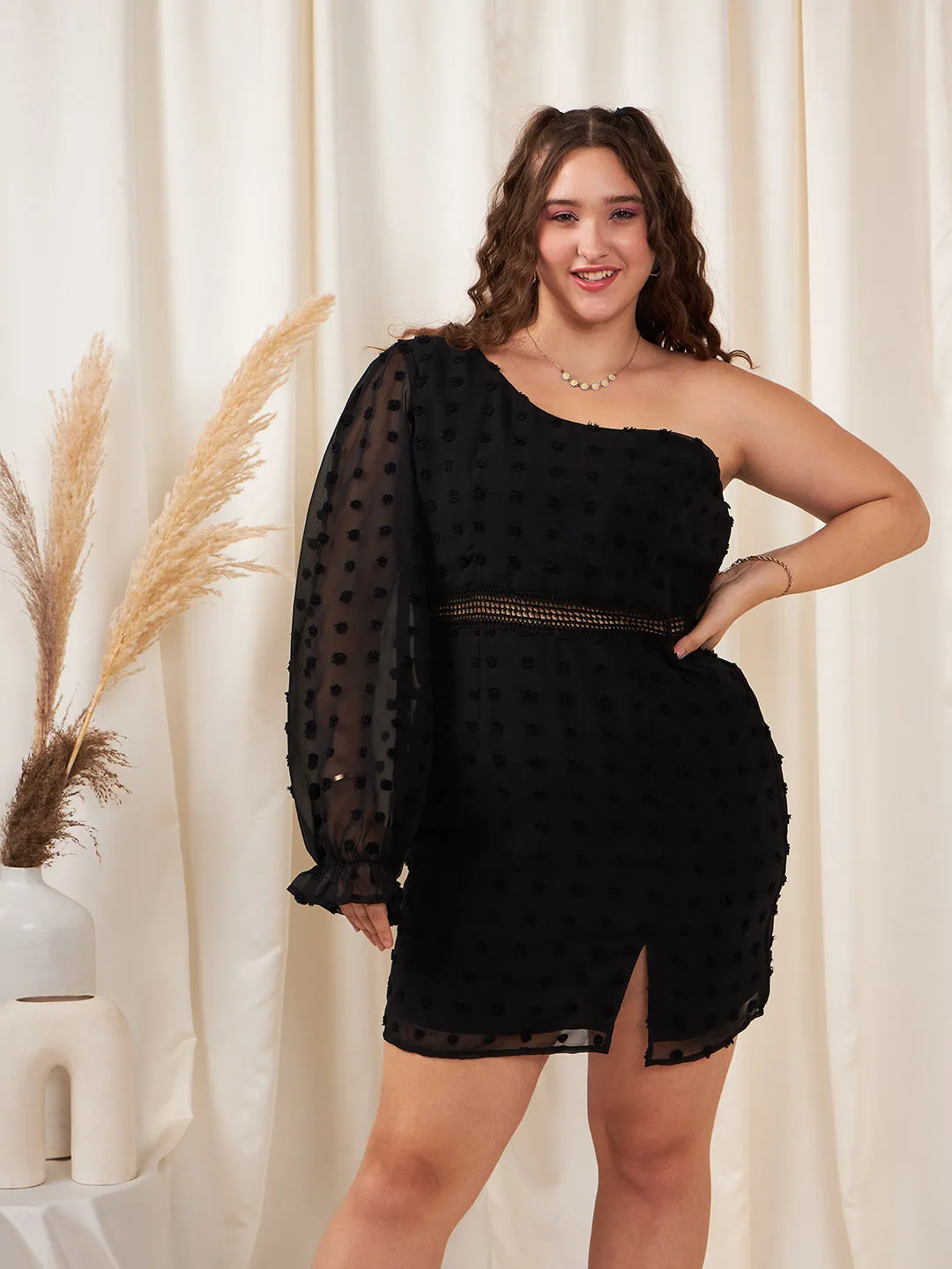 Berrylush Women Plus Size Solid Black Dobby Weave One-Shoulder Neck Semi-Sheer Jacquard Straight Hem Bodycon Mini Dress