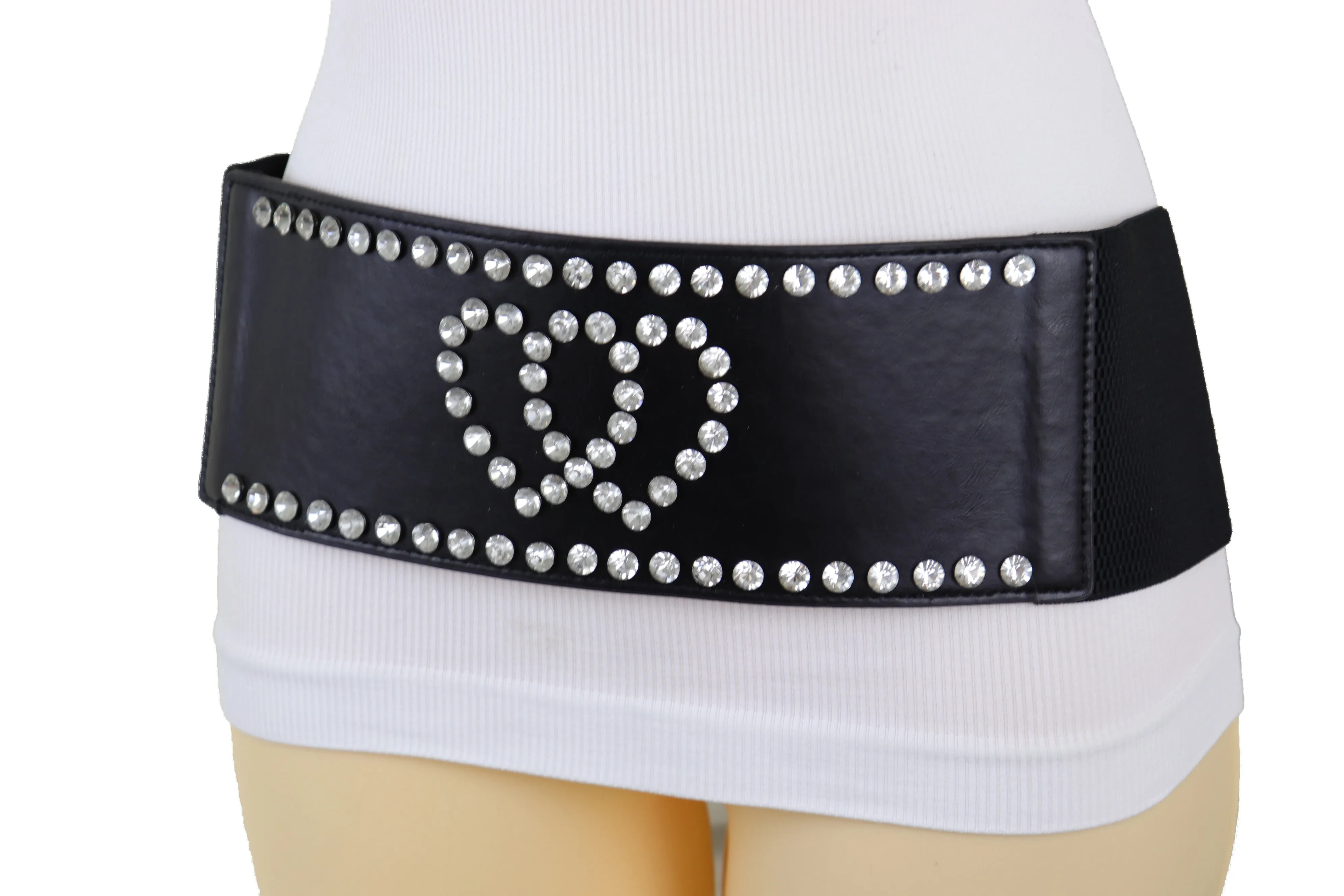 Black Elastic Wide Fashion Belt Hip High Waist Silver Heart Love Size S M