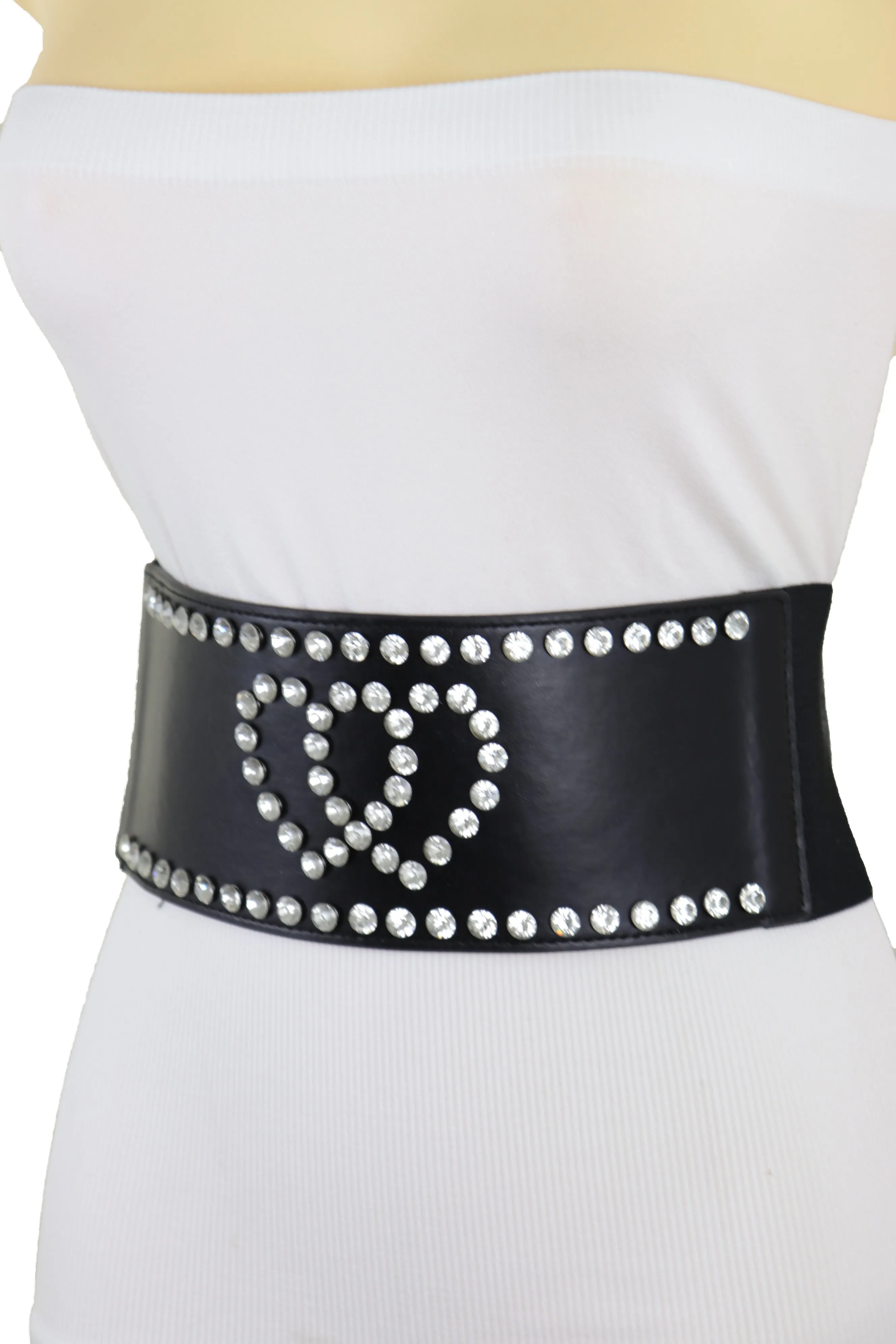 Black Elastic Wide Fashion Belt Hip High Waist Silver Heart Love Size S M