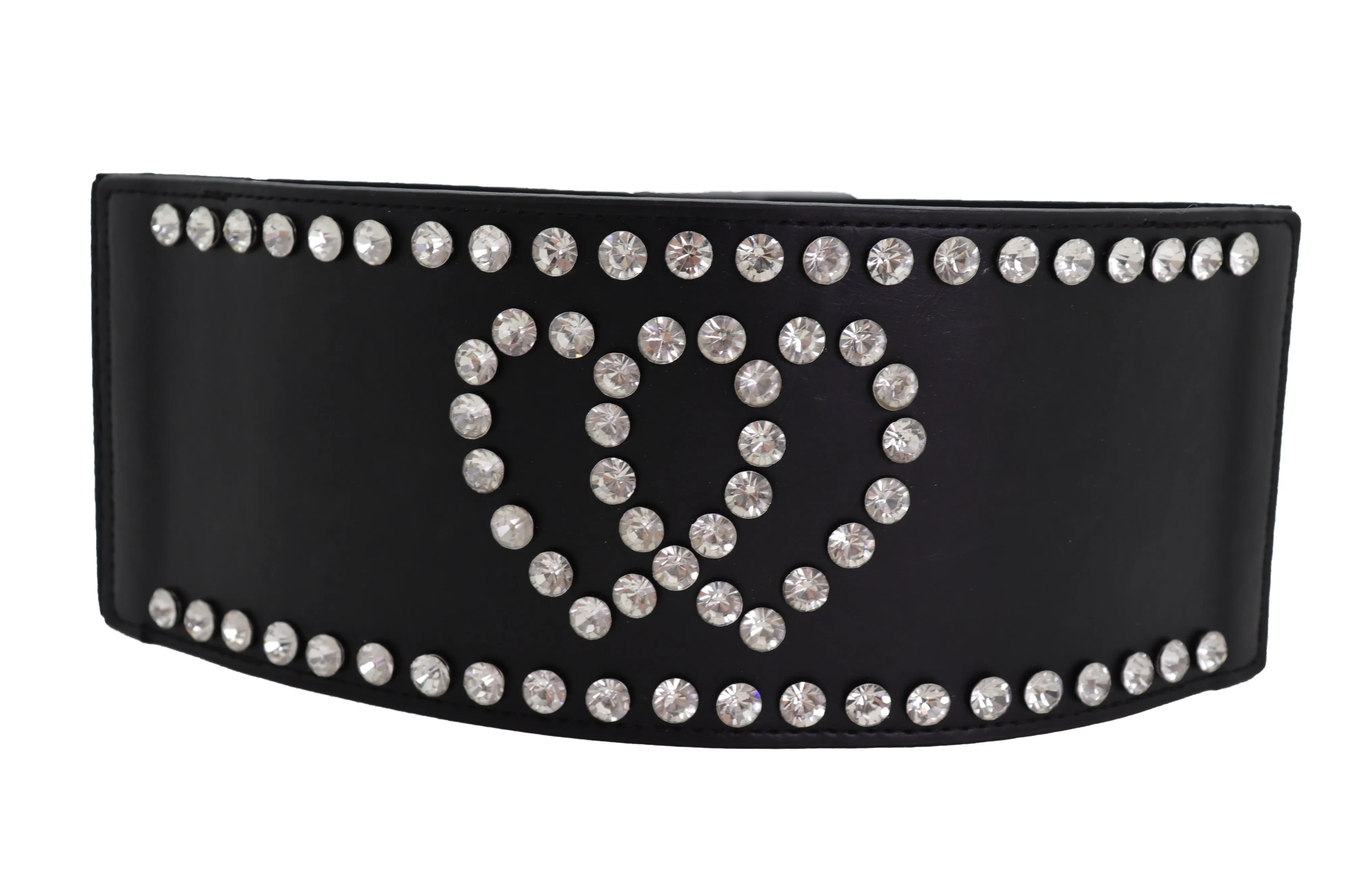 Black Elastic Wide Fashion Belt Hip High Waist Silver Heart Love Size S M