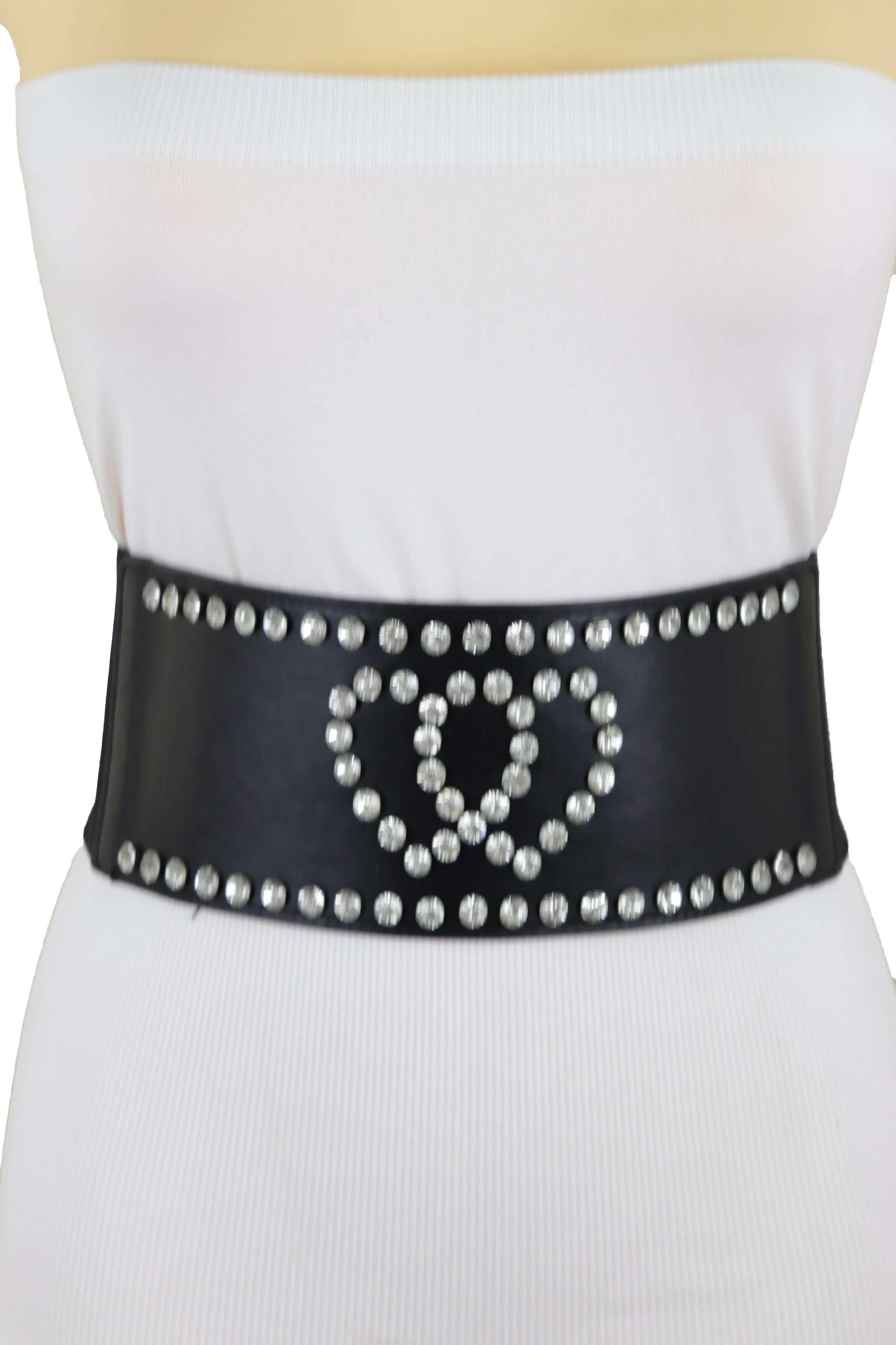 Black Elastic Wide Fashion Belt Hip High Waist Silver Heart Love Size S M