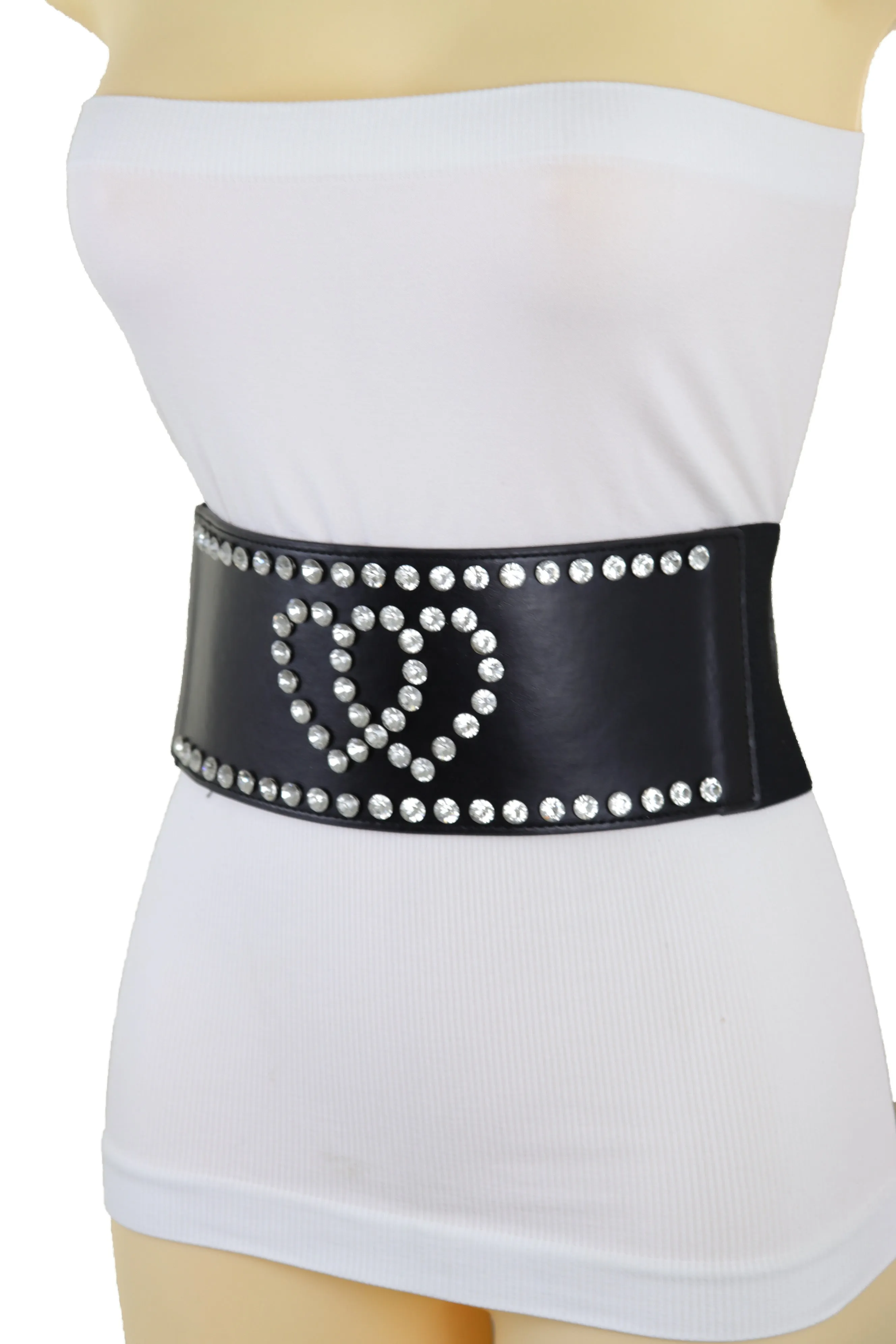 Black Elastic Wide Fashion Belt Hip High Waist Silver Heart Love Size S M