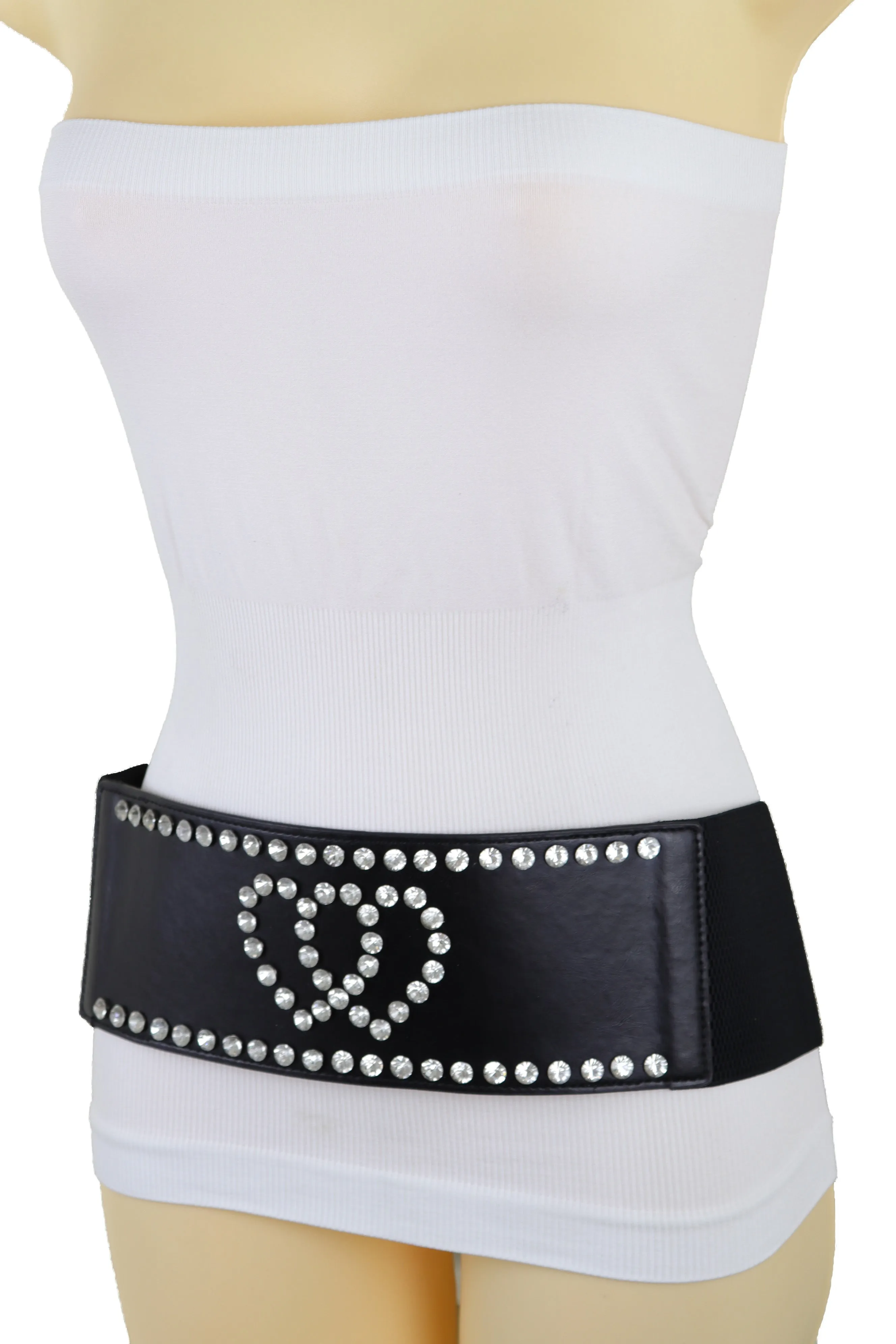 Black Elastic Wide Fashion Belt Hip High Waist Silver Heart Love Size S M