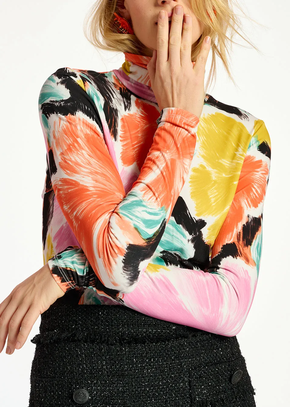 Black, orange and yellow floral print turtleneck top