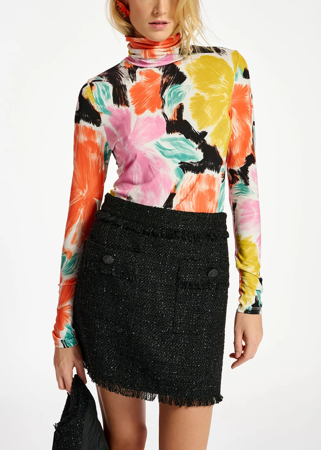 Black, orange and yellow floral print turtleneck top