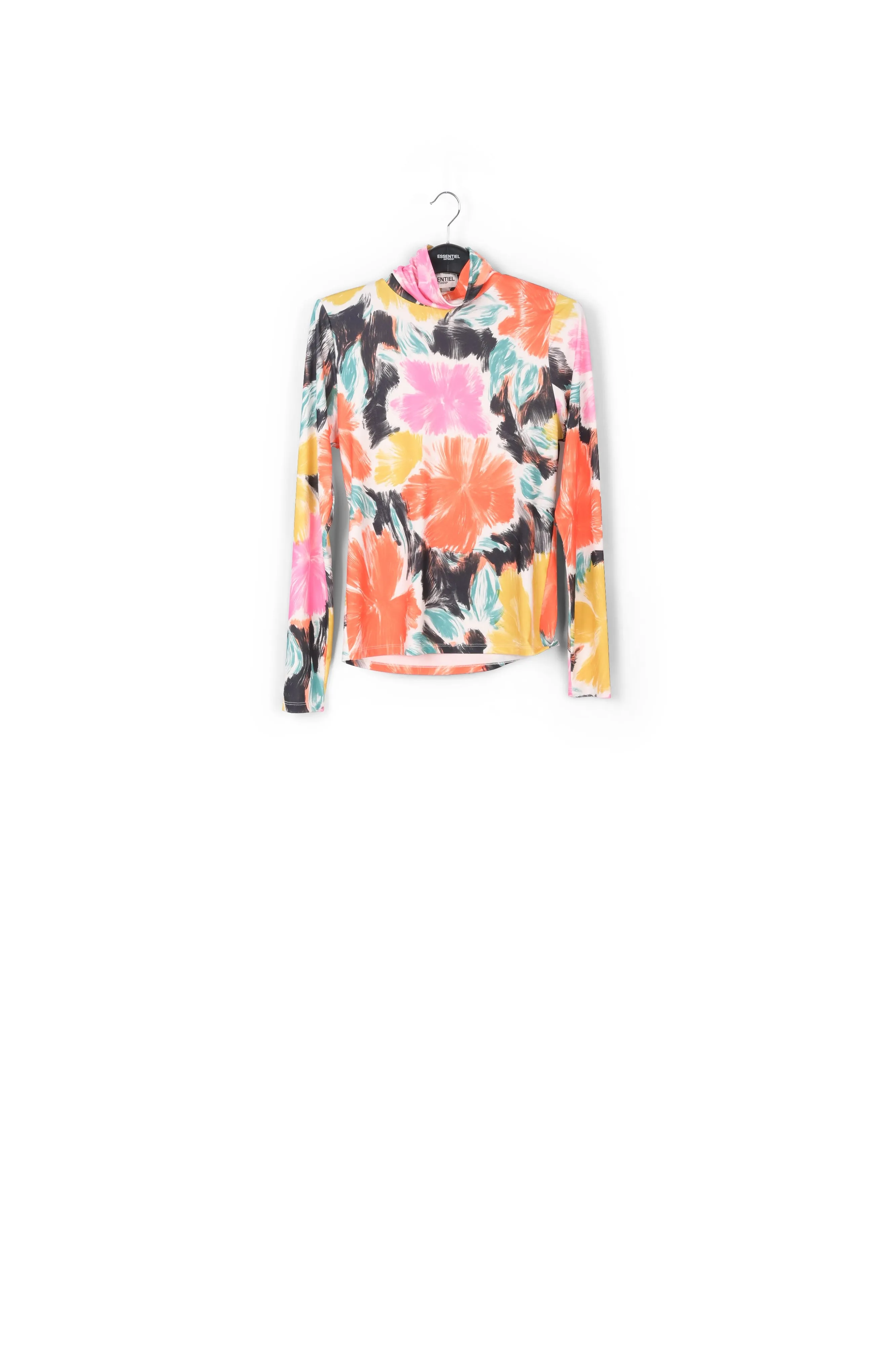 Black, orange and yellow floral print turtleneck top