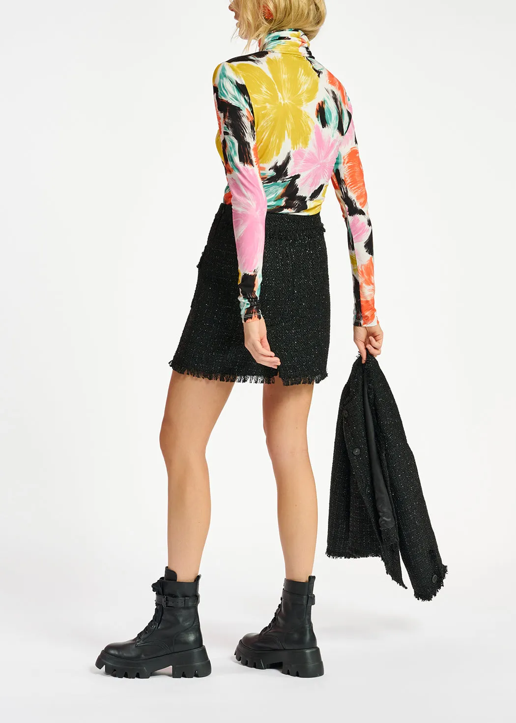 Black, orange and yellow floral print turtleneck top