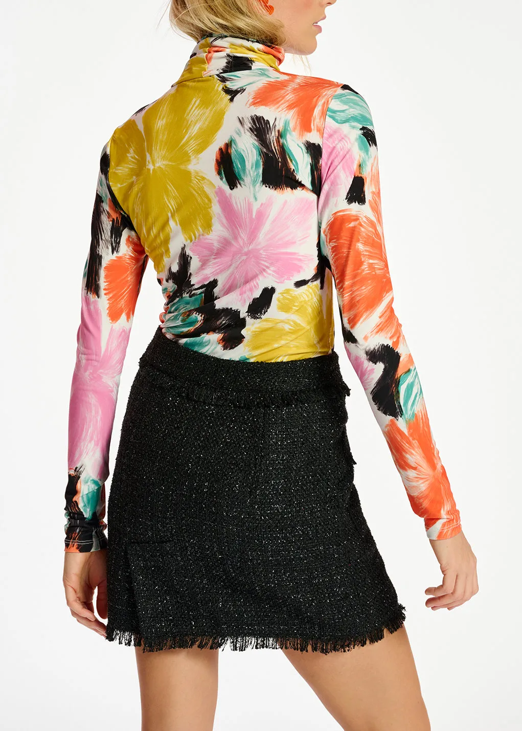 Black, orange and yellow floral print turtleneck top