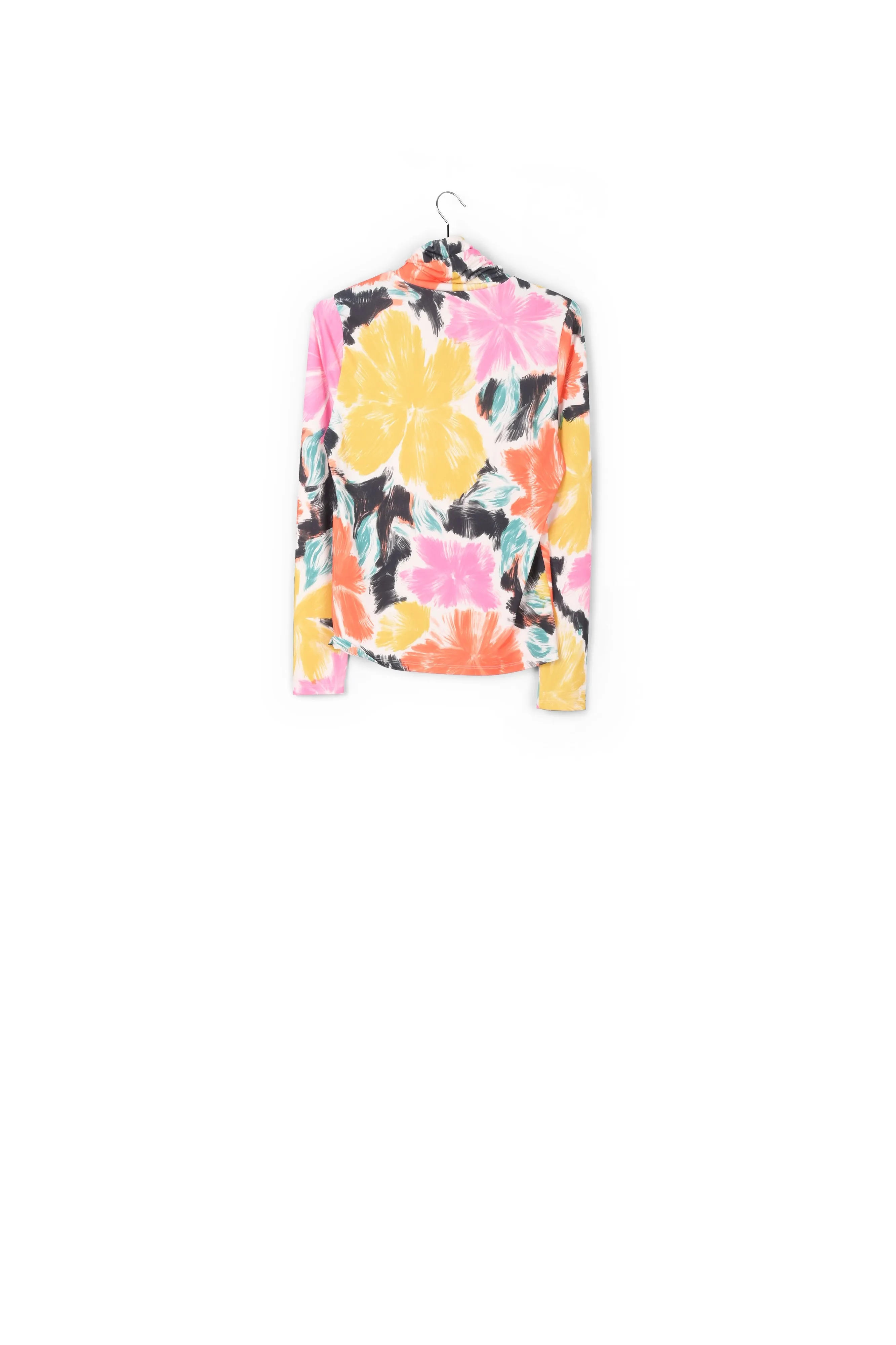 Black, orange and yellow floral print turtleneck top