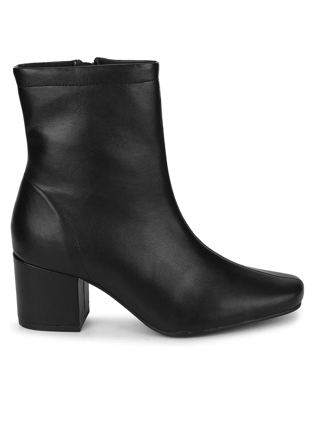 Black PU Zip Up Block Heel Ankle Boots