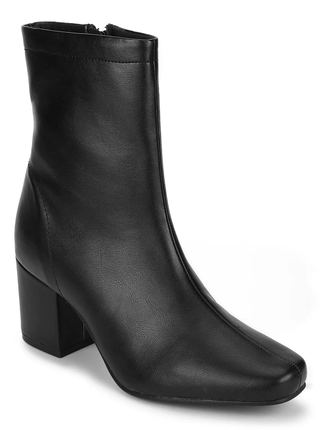 Black PU Zip Up Block Heel Ankle Boots