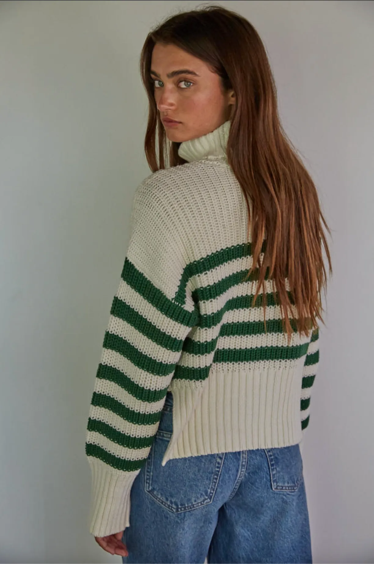 Blaire Pullover Turtleneck Sweater in Green & Ivory