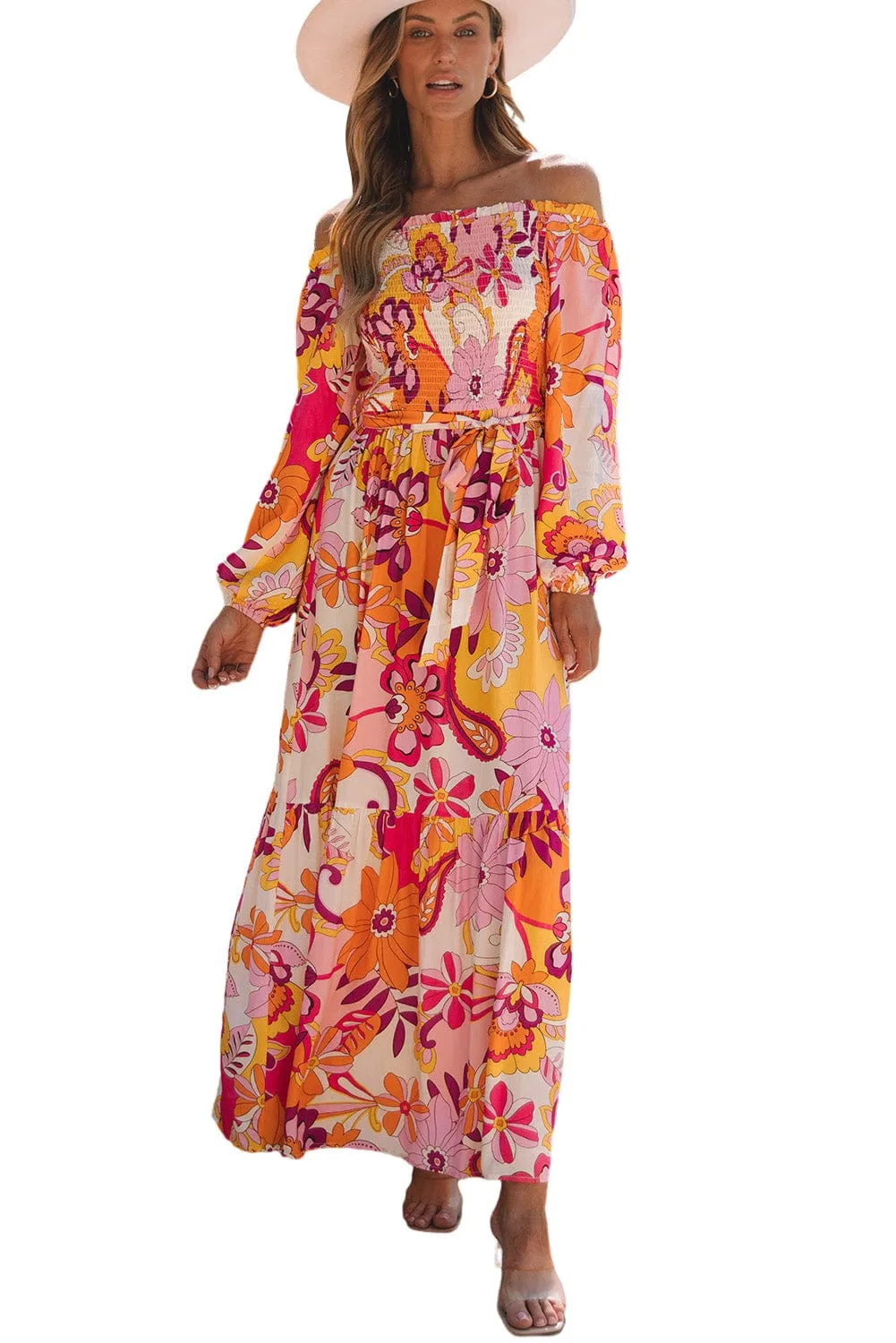 Bohemian Blossom Smocked Off Shoulder Maxi Dress