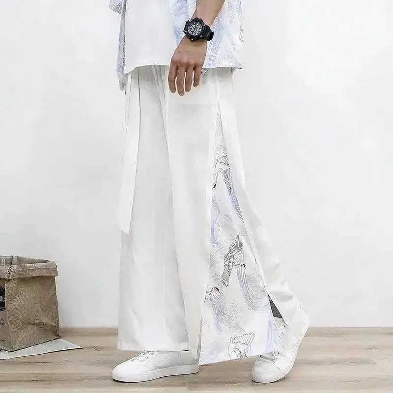 Bonsir Cotton Linen Wide Leg Pants Mens Chinese Style Patchwork Vintage Man Leisure Trousers Summer Harem Pants Male Fashion Pants