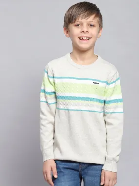 Boys Grey Melange Stripe Round Neck Full Sleeve Sweater