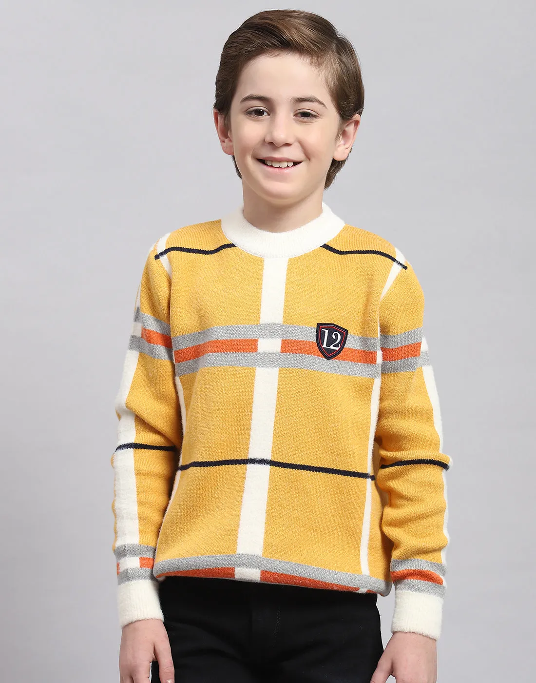 Boys Mustard Check Round Neck Full Sleeve Sweater