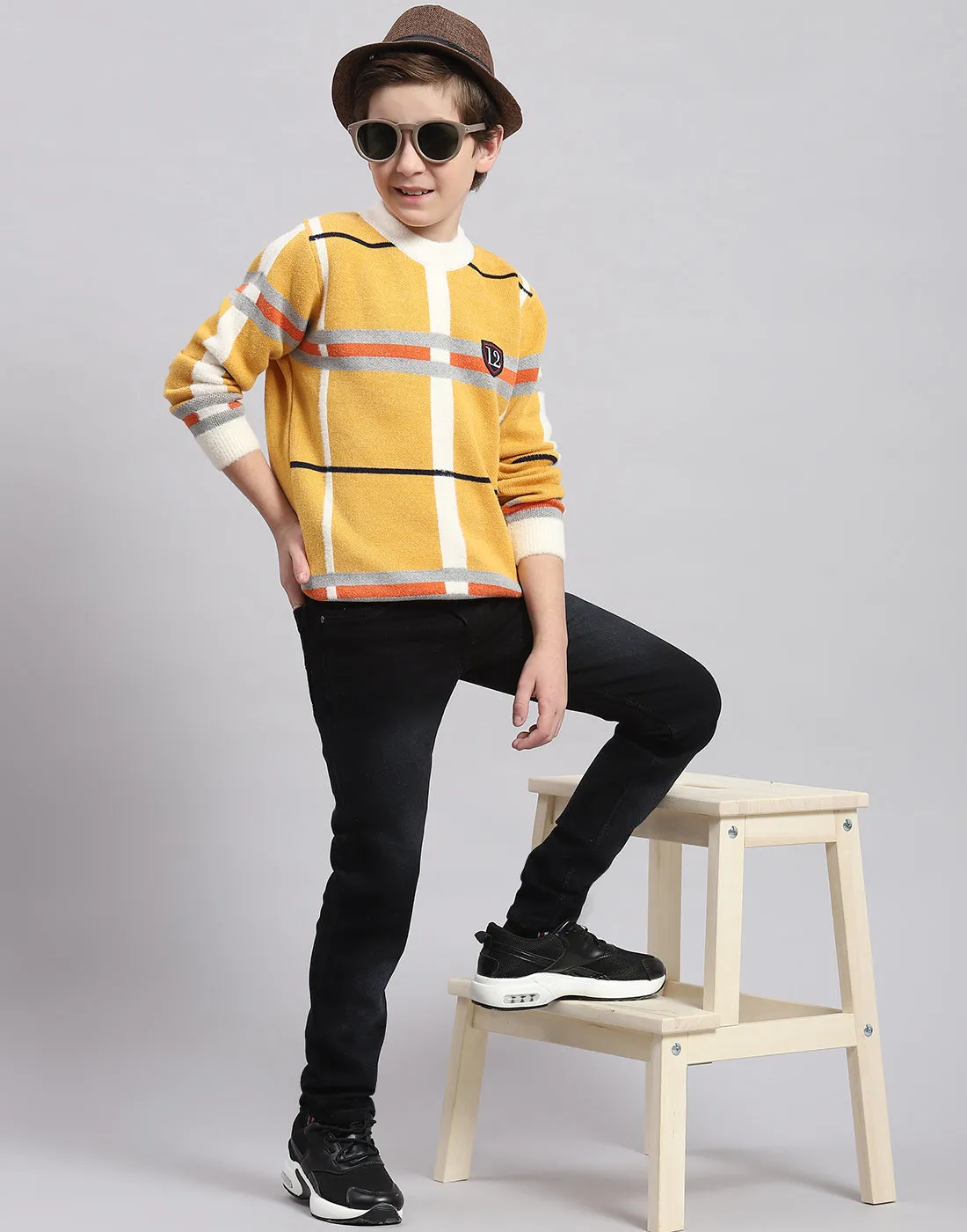 Boys Mustard Check Round Neck Full Sleeve Sweater