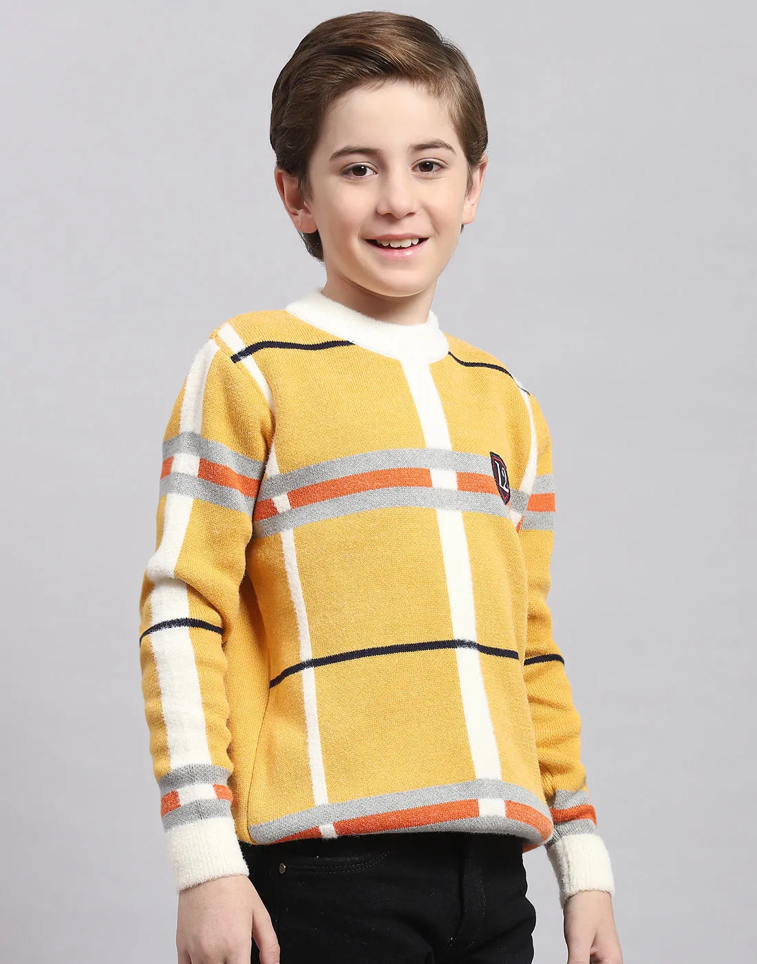 Boys Mustard Check Round Neck Full Sleeve Sweater